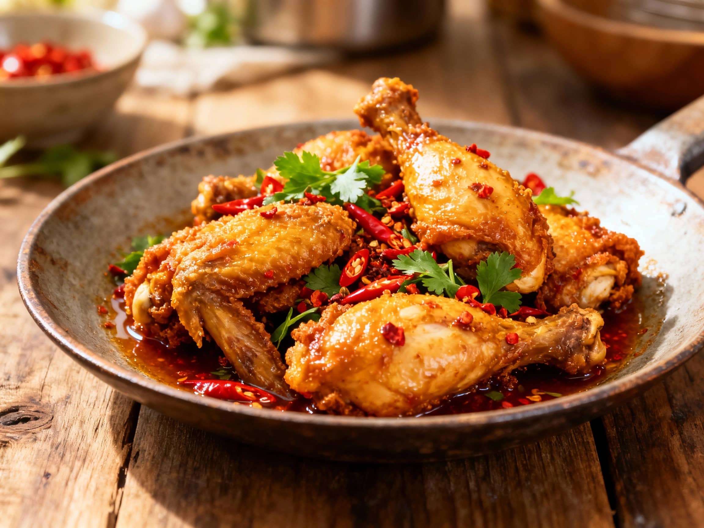 A beautifully plated serving of Indonesian Ayam Goreng, which is golden-brown and crispy fried chicken, presented on a vibrantly patterned batik cloth. The succulent pieces are arranged attractively, suggesting a rich, flavorful dish, perfect for a traditional Indonesian feast.