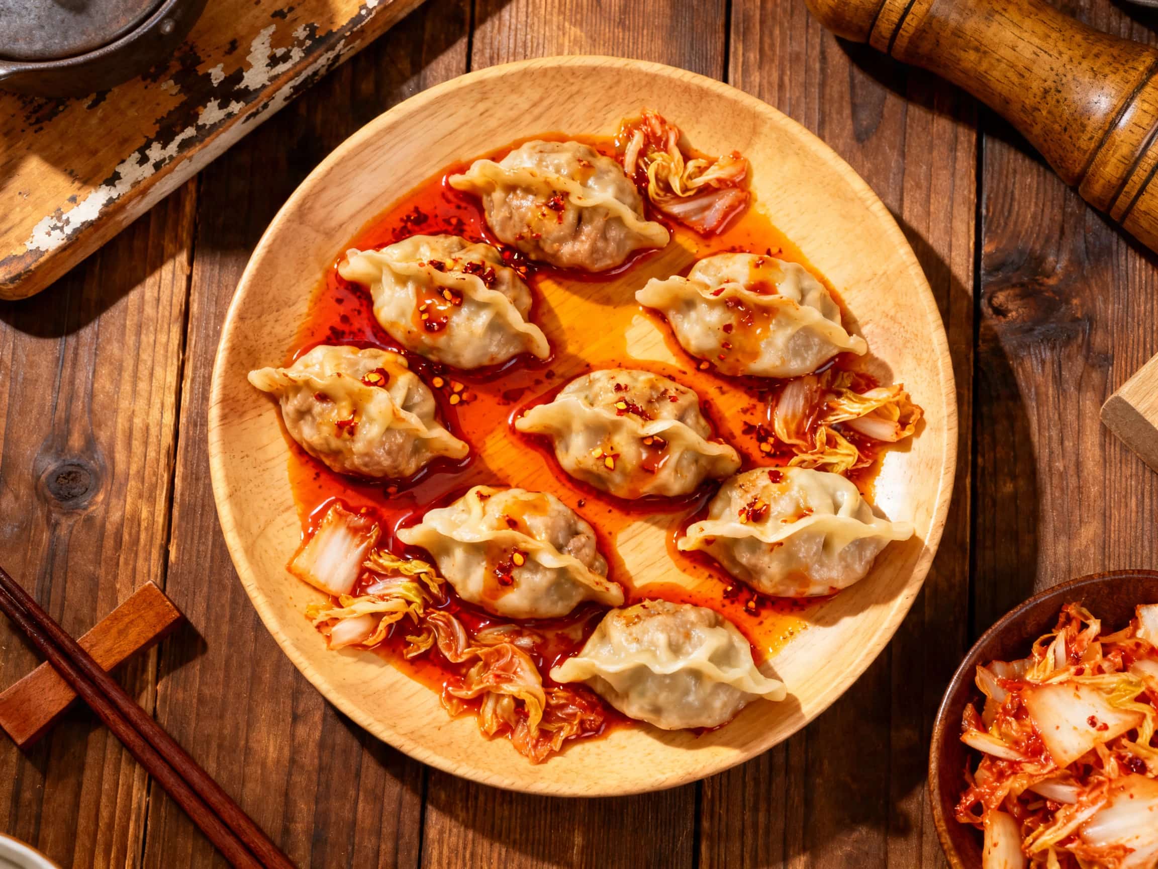 A close-up of a plate of freshly pan-fried Korean kimchi and pork dumplings. The dumplings boast golden brown, crispy bottoms and tender, slightly translucent wrappers, with steam gently rising from them. They are arranged appealingly around a small, white ceramic bowl filled with bright red, homemade chili oil, speckled with sesame seeds. Freshly chopped green scallions are scattered over the dum