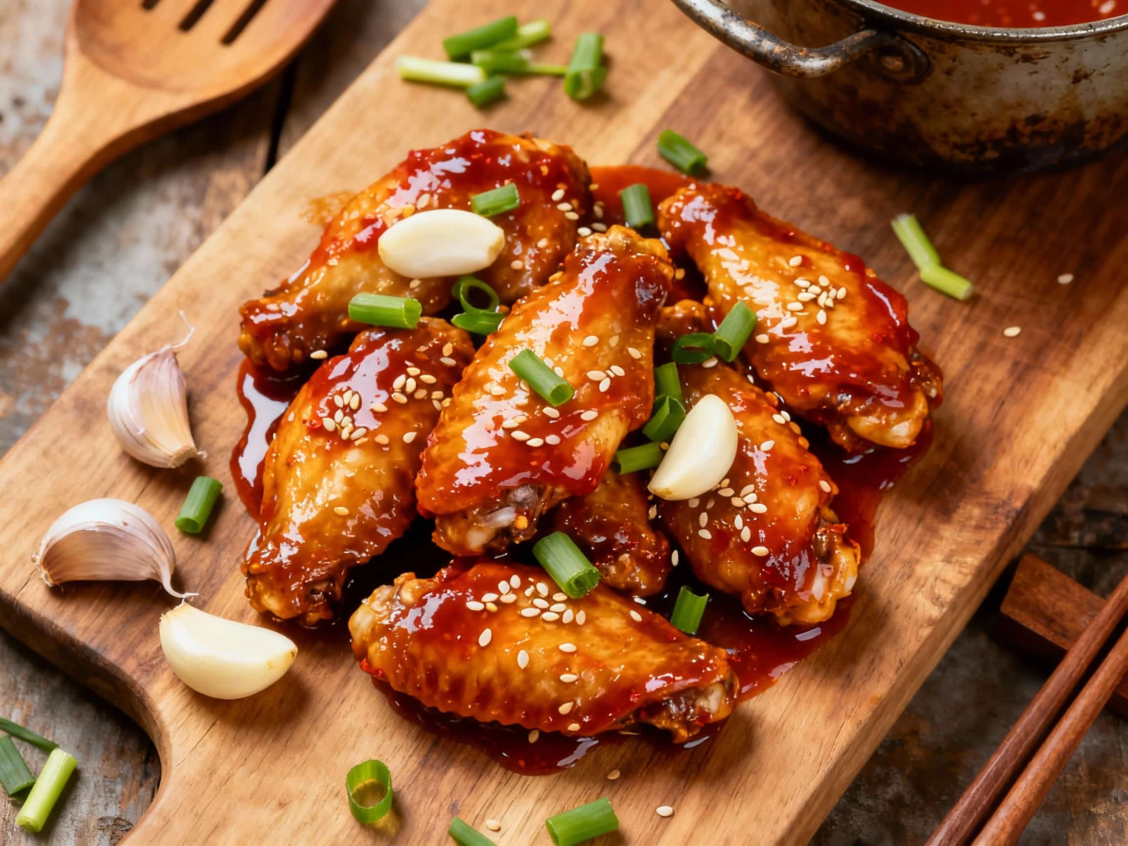 Juicy, glistening Korean chicken wings coated in a vibrant, spicy gochujang marinade, ready for roasting, with a subtle sheen from the glossy sauce.