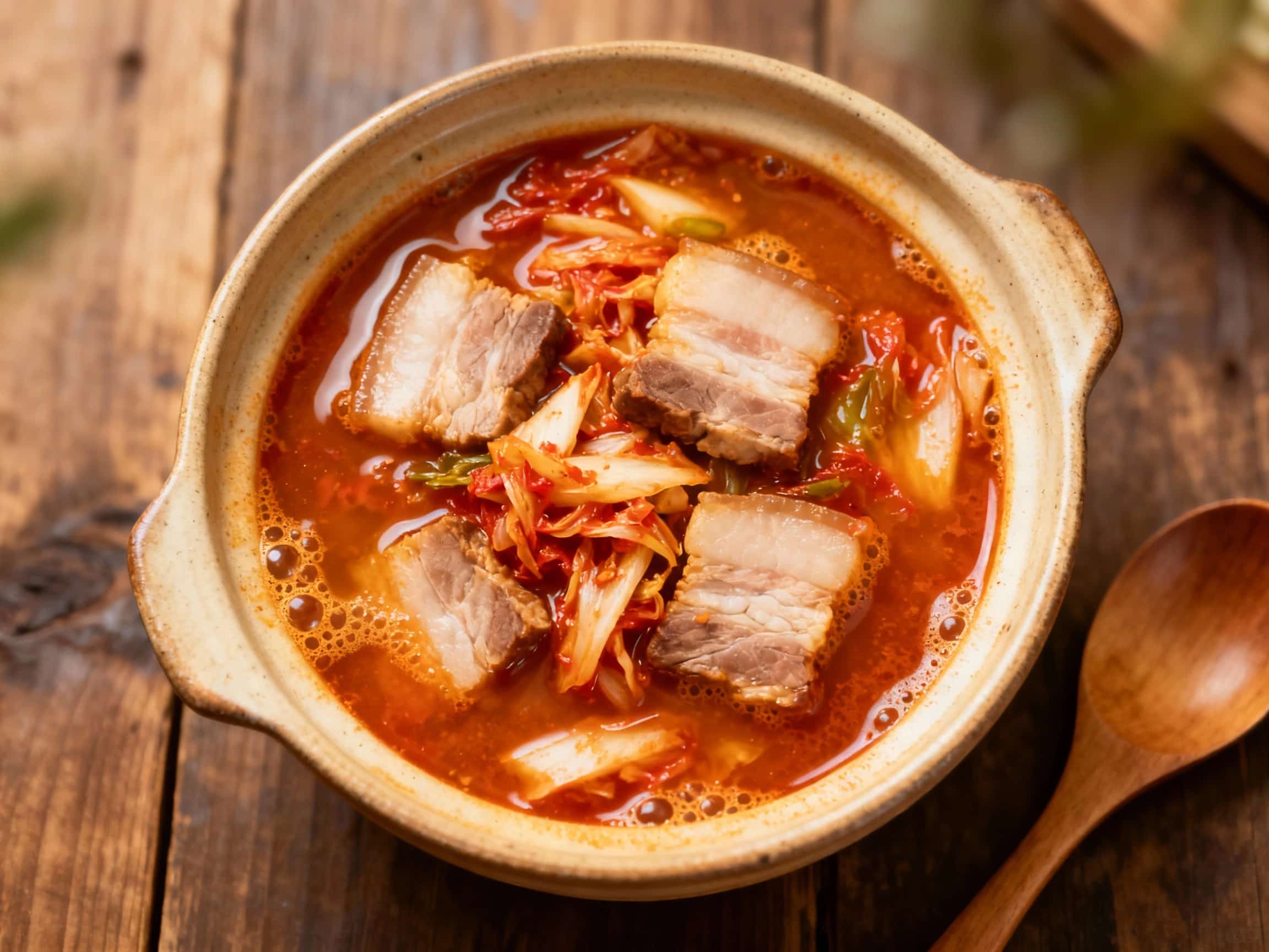 A steaming bowl of bubbling kimchi jjigae, rich with pork belly and vibrant red chili, is served with a scattering of fresh green onions on top.