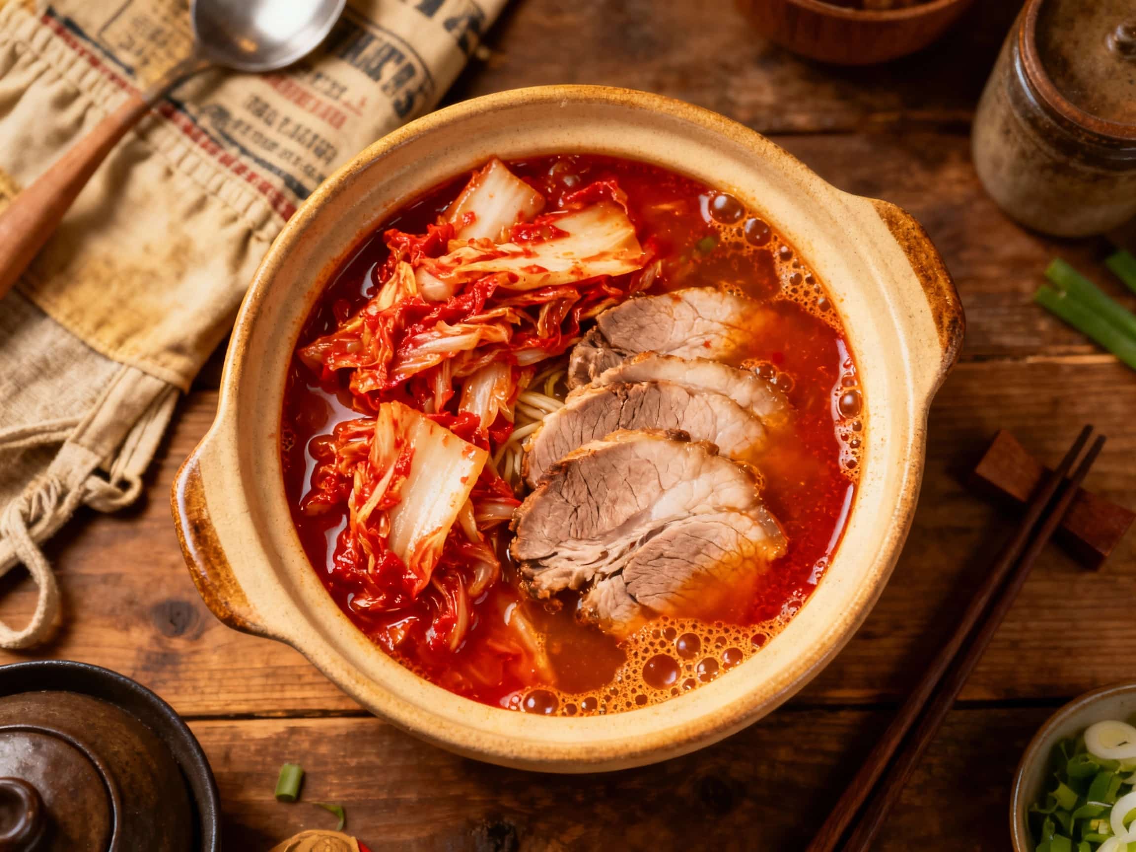 A steaming, vibrant red Korean pork and kimchi jjigae simmers in a rustic earthenware pot, topped with tender pork, bright kimchi, and fresh green onions.