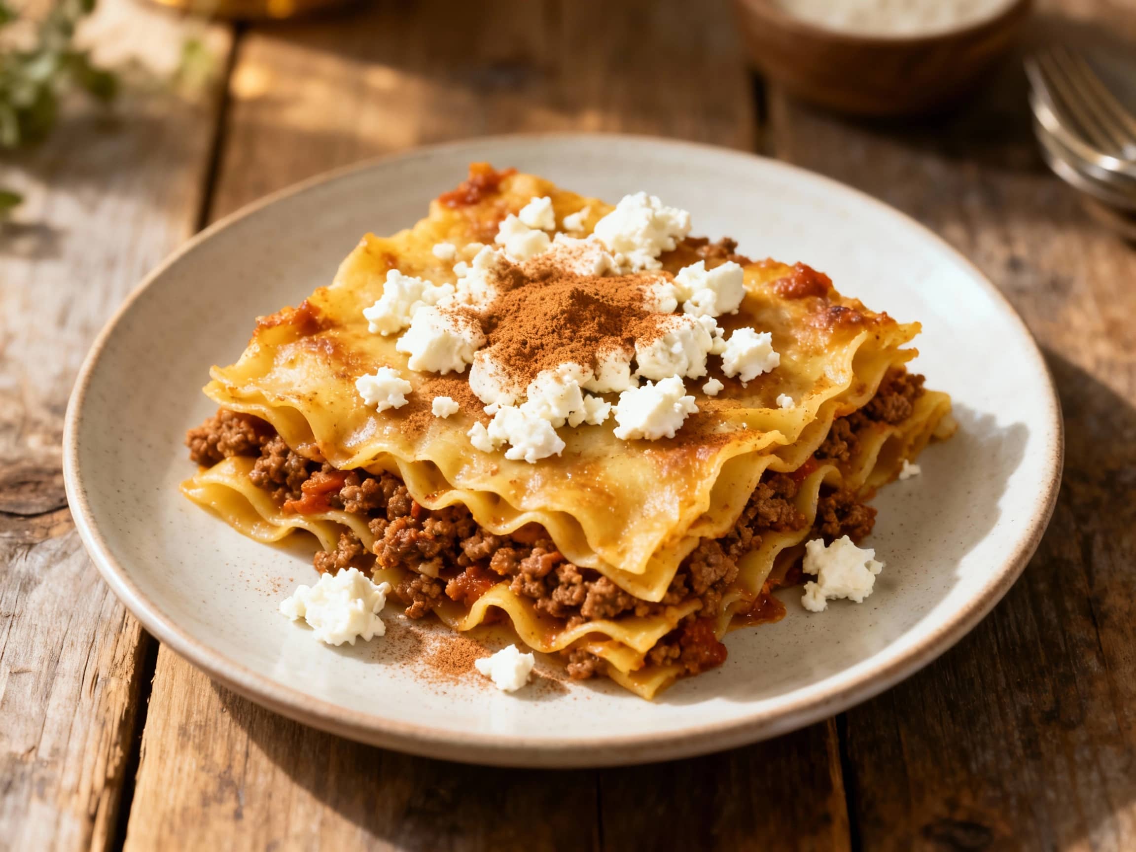 A comforting dish of spicy lamb pastitsio, baked to a golden brown, topped with crumbled feta cheese and a sprinkle of cinnamon, perfect for a cozy meal.