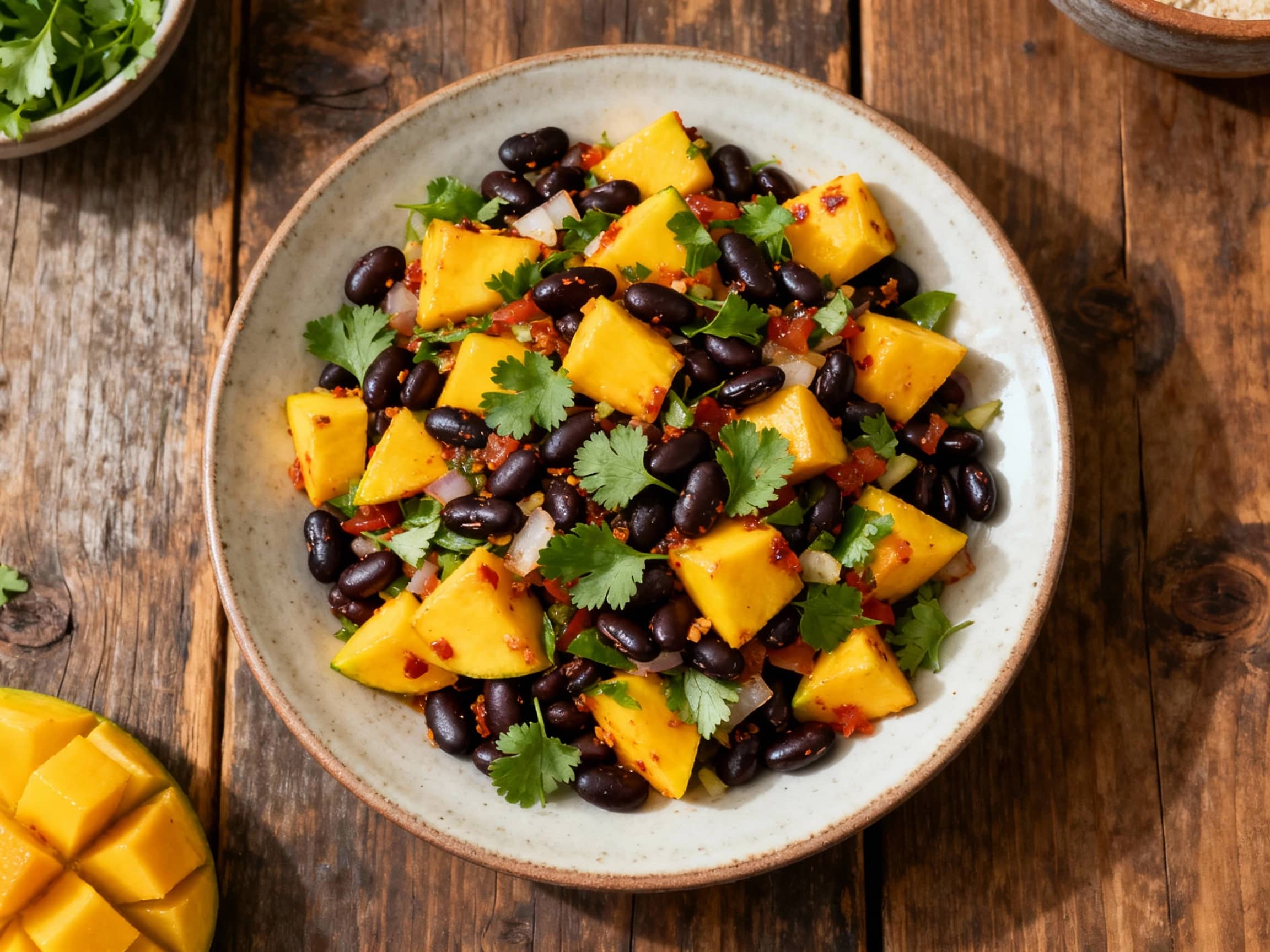 A vibrant, colorful salad featuring ripe mango chunks and glossy black beans tossed with chopped cilantro and red onion, all glistening under warm lighting.