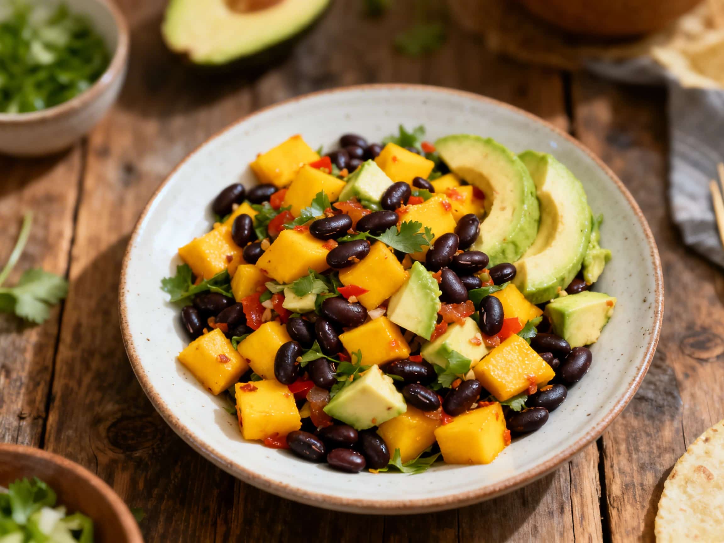 A beautiful, close-up image of a Spicy Mango and Black Bean Salad served in a light ceramic bowl, showcasing diced vibrant yellow mango, dark black beans, creamy green avocado, and finely chopped red onion and cilantro. A wooden spoon is gently nestled among the colorful ingredients, suggesting it's ready to be enjoyed. The salad looks fresh, wholesome, and inviting, set against a soft, rustic bac