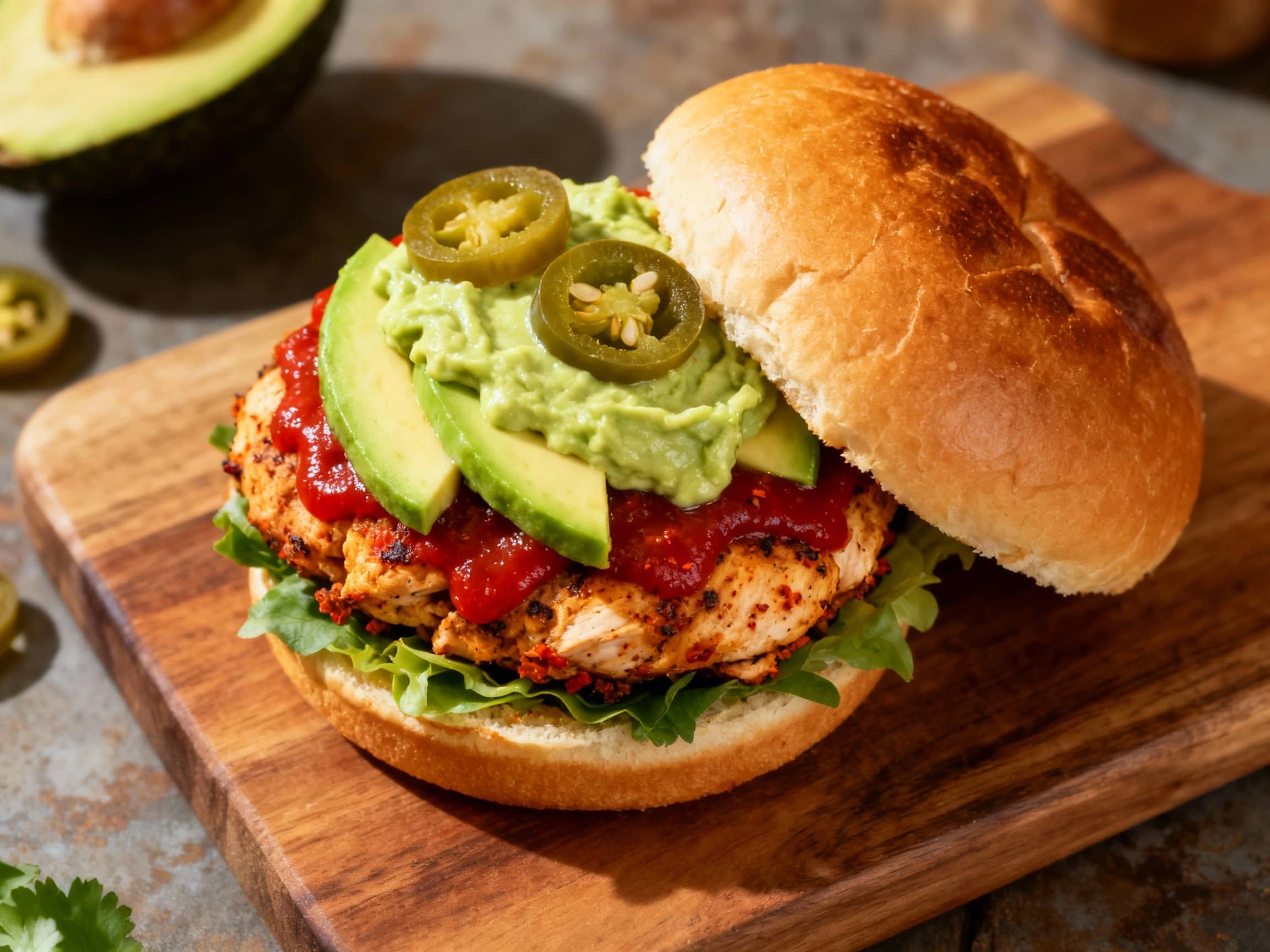 A juicy, grilled chicken burger topped with fresh pico de gallo and creamy avocado crema sits on a toasted brioche bun, ready to be devoured.