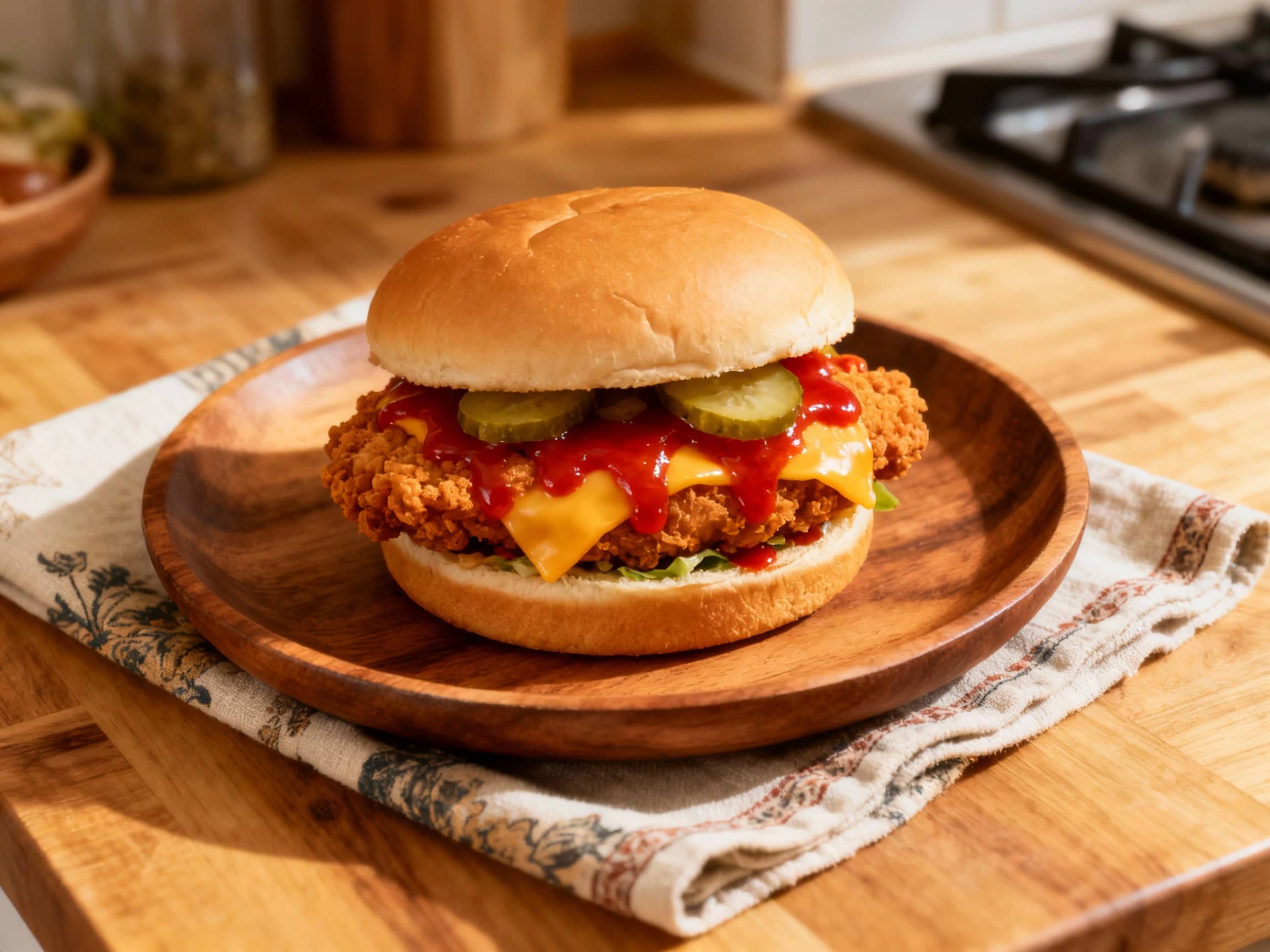 A juicy, red-hued Nashville hot chicken patty, dripping with spicy oil, is nestled in a toasted brioche bun, topped with crisp pickles and a creamy slaw for a vibrant and mouthwatering burger.