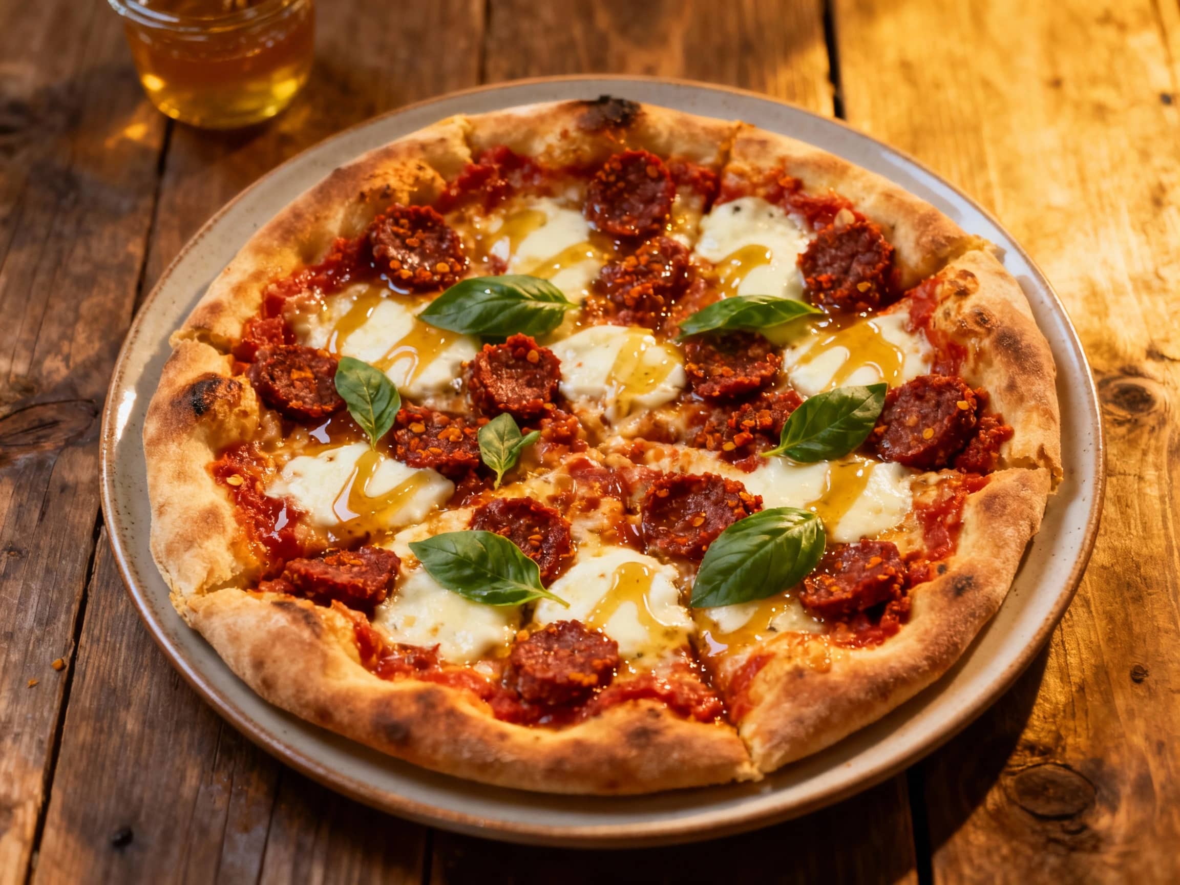 A close-up shot of a square slice of Spicy Nduja and Honey Sicilian Pizza, showcasing its thick, golden-brown crust. The top is covered with melted mozzarella, bright red nduja sausage, crispy shallots, and fresh green basil. Golden honey is drizzled enticingly over the surface, making the pizza appear rich and flavorful, presented beautifully on a rustic wooden surface.