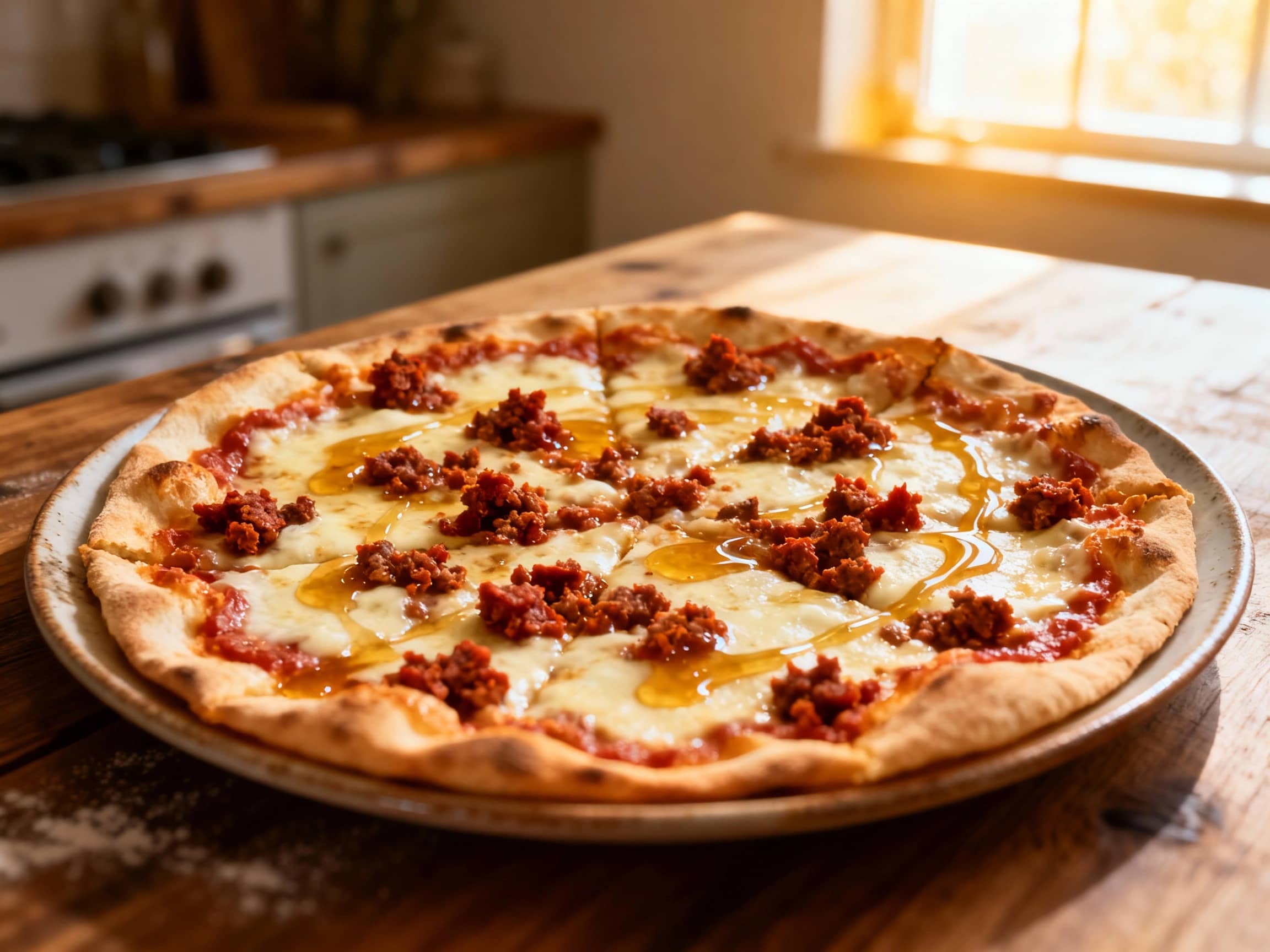 A vibrant, freshly baked thin crust pizza seen from directly above. The crispy, golden-brown crust holds an array of toppings: fiery red nduja sausage, creamy white burrata cheese that has melted into alluring pockets, and a shimmering drizzle of golden honey. Fresh green basil leaves are artfully scattered over the top, adding a fresh, aromatic finish to this spicy and sweet thin crust pizza.