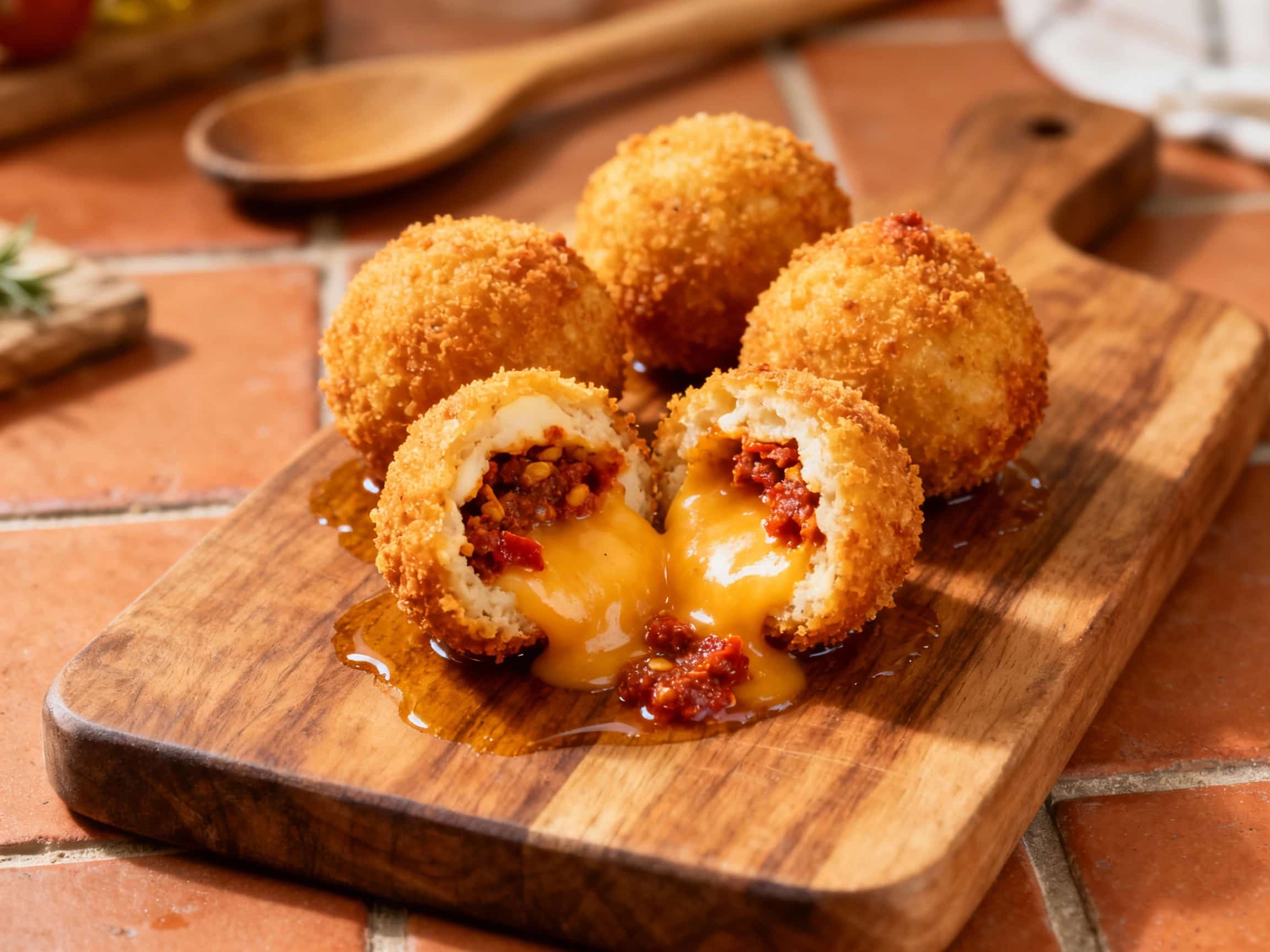 Golden-fried arancini balls, glistening with oil and dotted with flecks of chili, are artfully arranged on a dark slate platter, begging to be dipped into a vibrant marinara sauce.