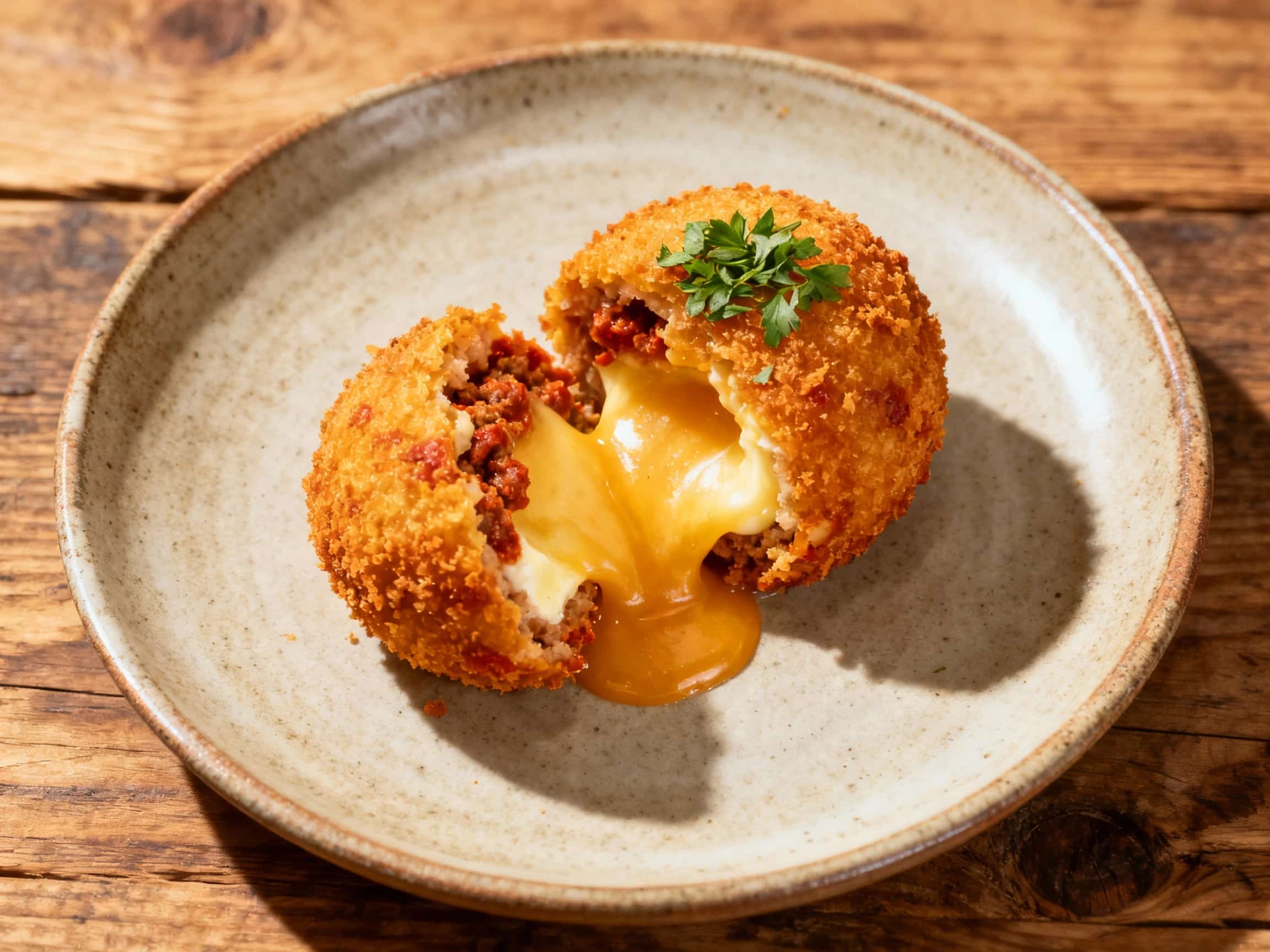 Golden brown, deep-fried arancini balls are artfully arranged and drizzled with a vibrant red sauce, promising a delightful explosion of spicy nduja and smoky mozzarella flavors.