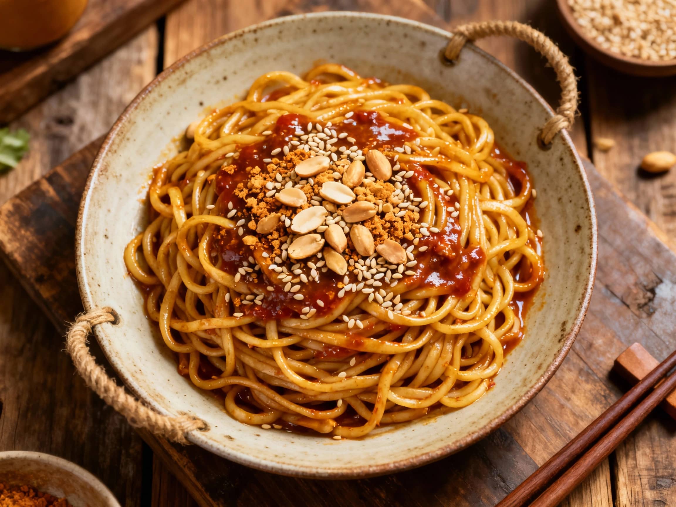 Vibrant, glossy noodles, tossed in a rich, spicy peanut sauce, are artfully piled high and garnished with fresh cilantro and sesame seeds, creating an inviting and delicious presentation.