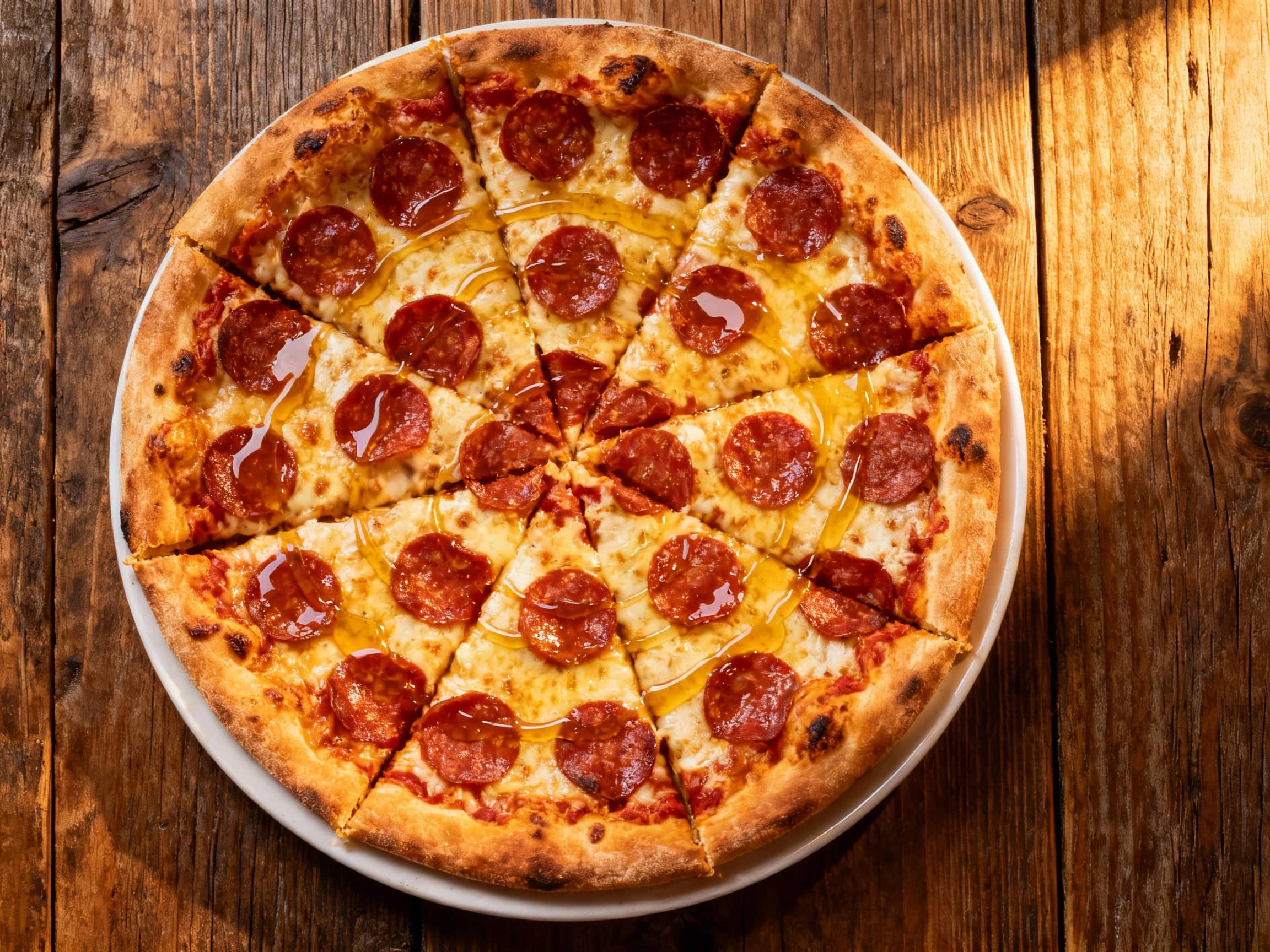 A vibrant New York style pizza, fresh from the oven, featuring a generous layer of melted mozzarella cheese and numerous perfectly crispy, curled pepperoni slices. A shiny drizzle of hot honey glistens over the entire pizza. The pizza rests on a rustic wooden peel, with its golden-brown, thin crust visible around the edges, ready to be sliced and savoured.