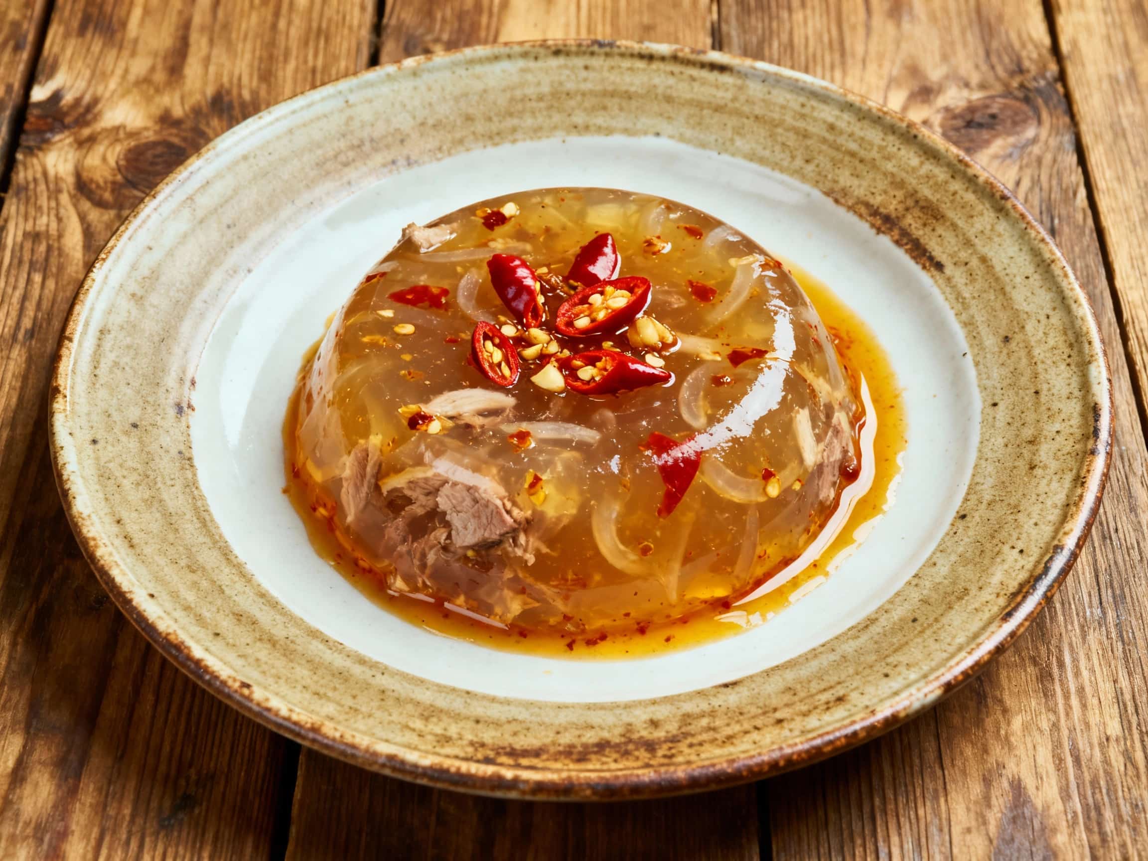 Jubilant, warm light illuminates a rustic, dark bowl filled with shimmering, gelatinous kholodets topped with vibrant red chili flakes and glistening garlic, promising a spicy, savory bite.