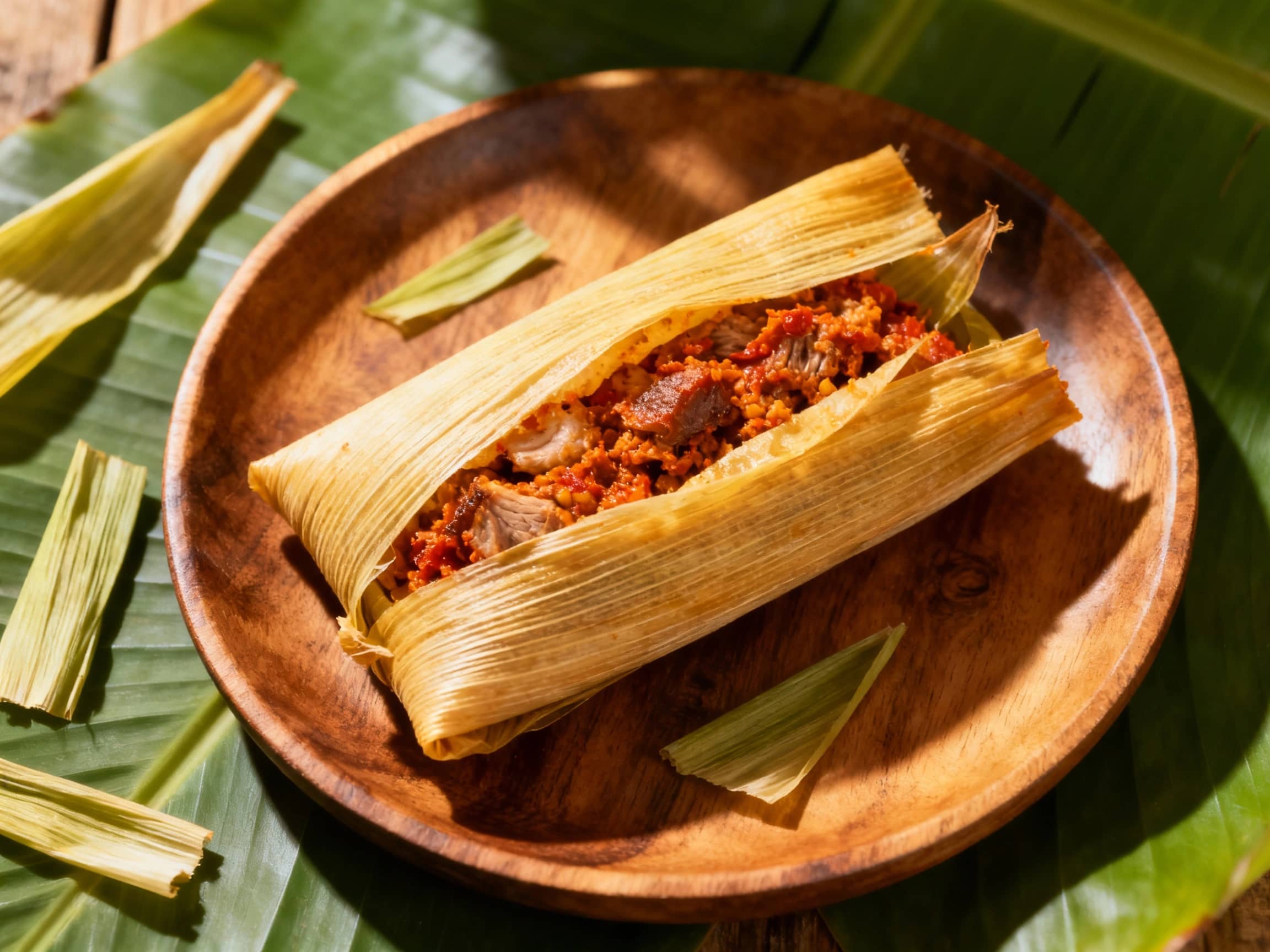 Steaming tamales, wrapped in vibrant green banana leaves, are nestled together on a rustic wooden surface, hinting at a rich, savory filling.
