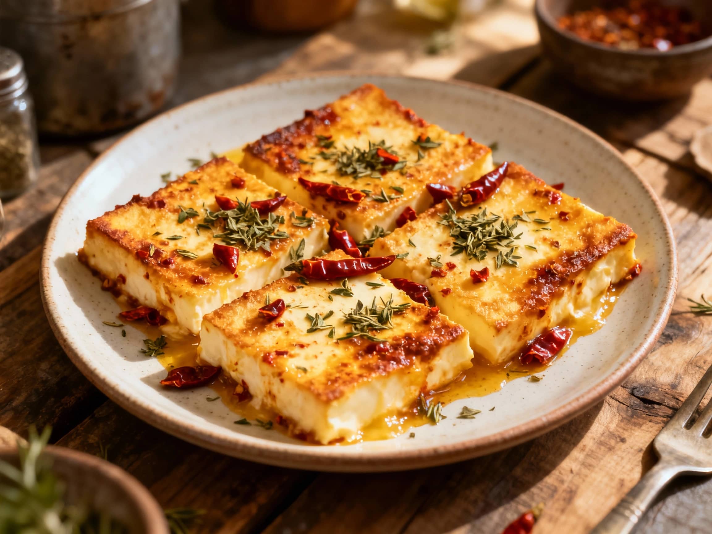 A golden-brown, bubbling block of pan-fried saganaki cheese is generously sprinkled with vibrant red chili flakes and fresh green oregano, creating a tempting Mediterranean appetizer.