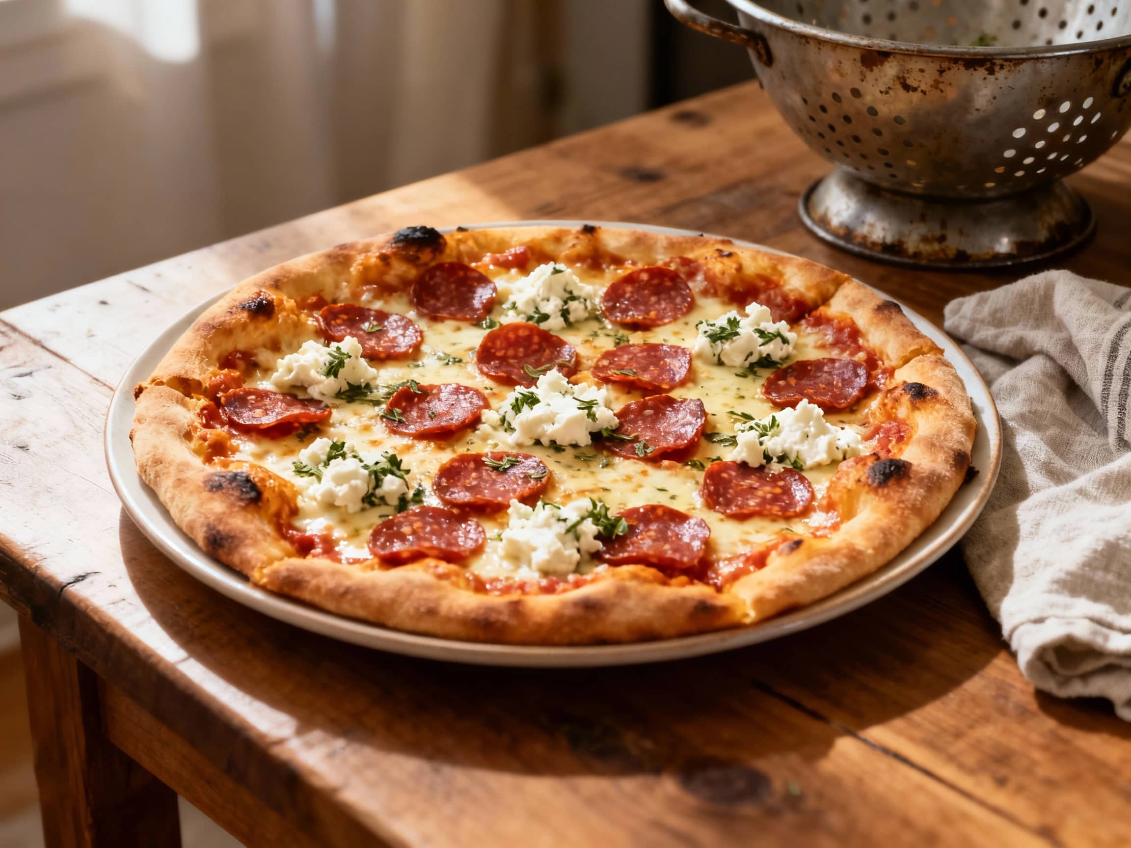 A rustic Sicilian pizza, rectangular and topped with vibrant red chili flakes, crumbled spicy salami, and dollops of creamy herbed ricotta, rests on a dark surface.