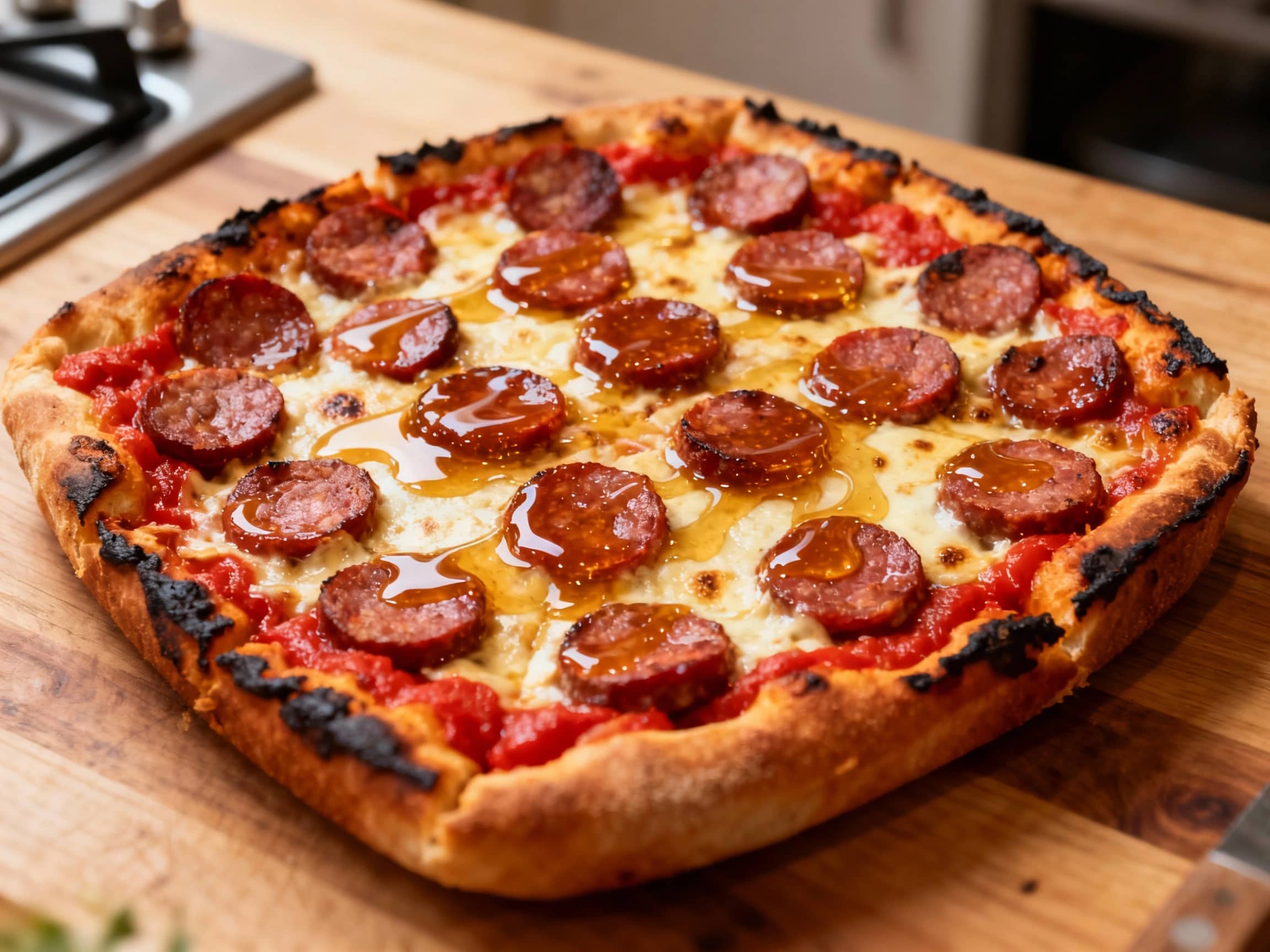 A glistening, Detroit-style pan pizza with a caramelized crust is topped with spicy sausage crumbles, a drizzle of golden honey, and fresh green basil leaves, all bathed in warm, inviting light.
