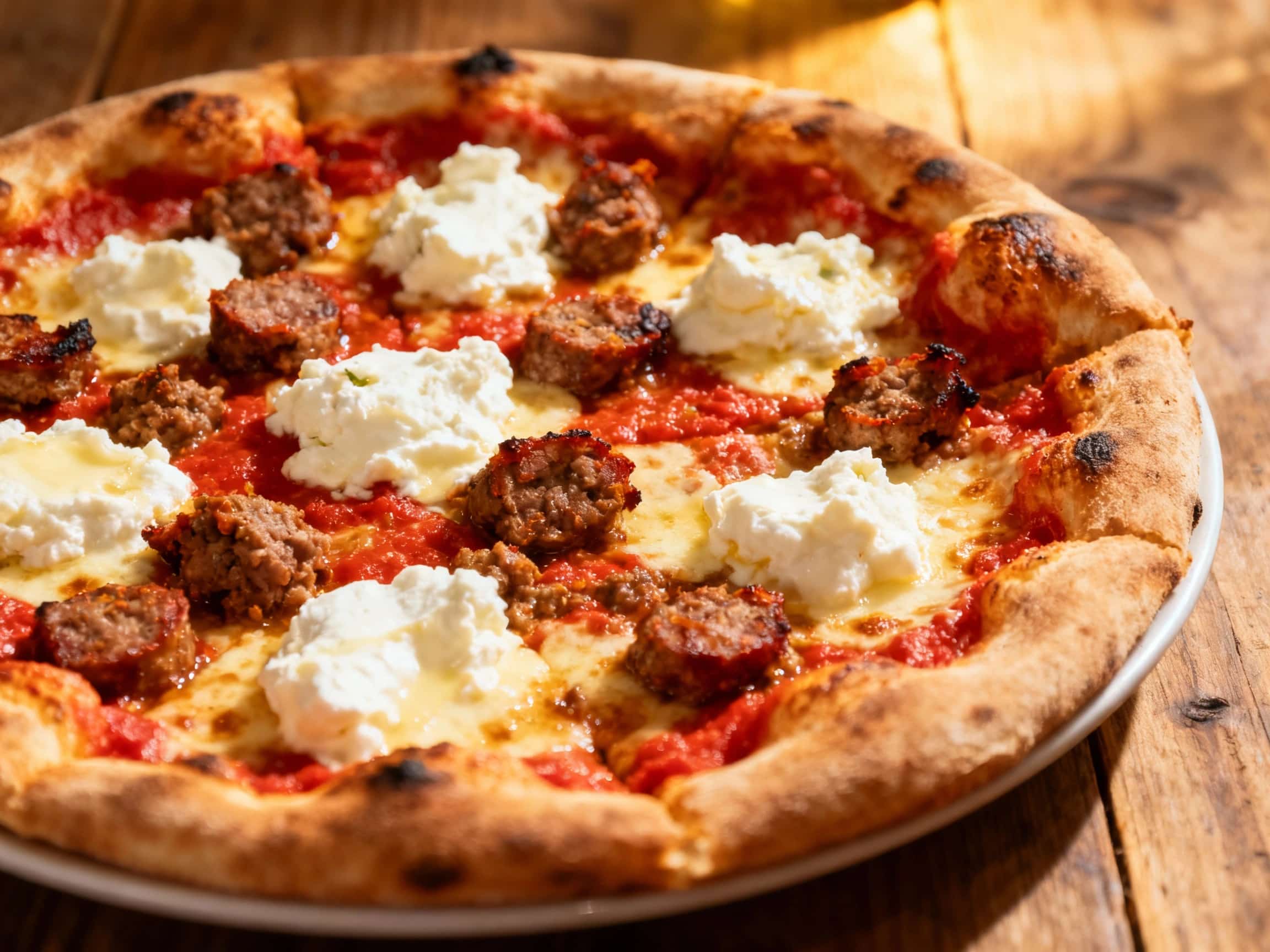 A rustic, slightly charred coal-fired pizza is topped with crumbles of spicy sausage, dollops of creamy ricotta cheese, and a scattering of fresh basil leaves, creating a visually inviting and flavorful impression.