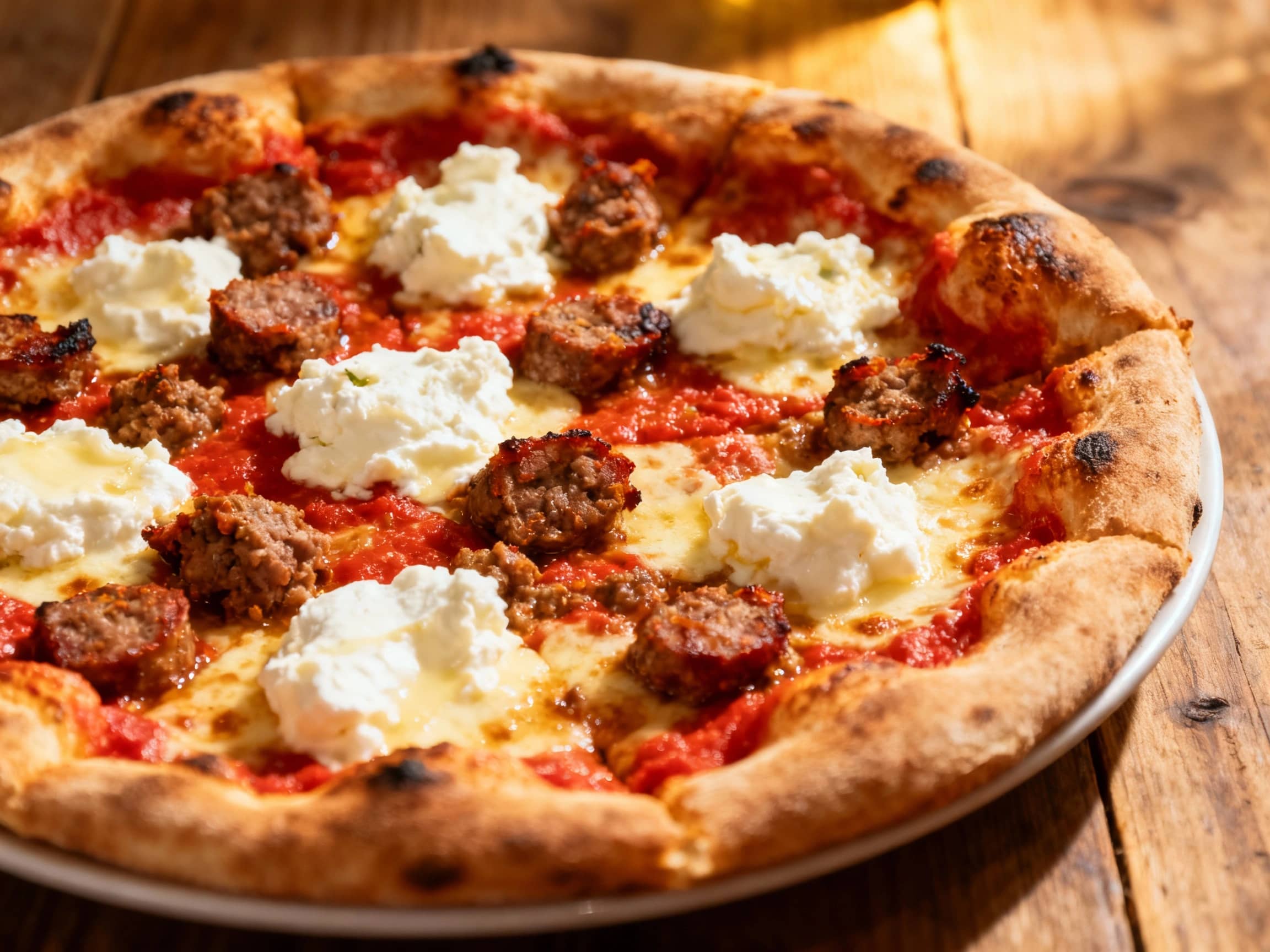 A rustic, slightly charred coal-fired pizza is topped with crumbles of spicy sausage, dollops of creamy ricotta cheese, and a scattering of fresh basil leaves, creating a visually inviting and flavorful impression.