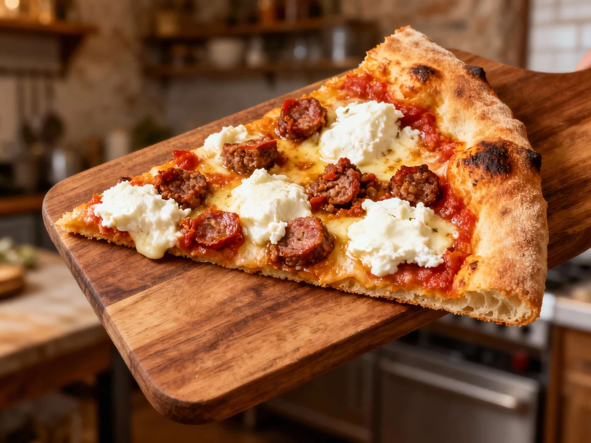 A rectangular pizza al taglio is topped with bubbling mozzarella, crumbles of spicy sausage, dollops of creamy ricotta, and a scattering of fresh basil, all baked to golden perfection.
