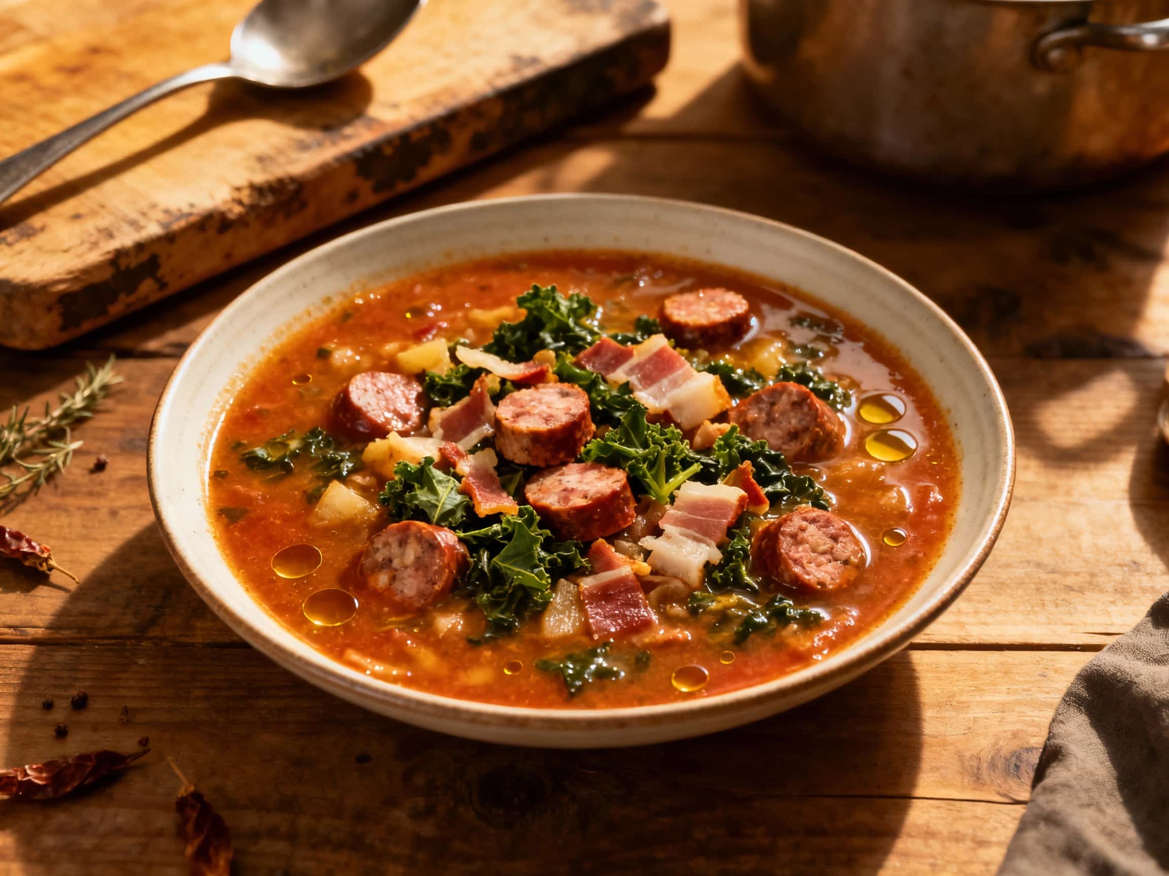A hearty bowl of spicy sausage ribollita, brimming with kale and beans, is topped with crispy pancetta and served in a rustic ceramic dish.