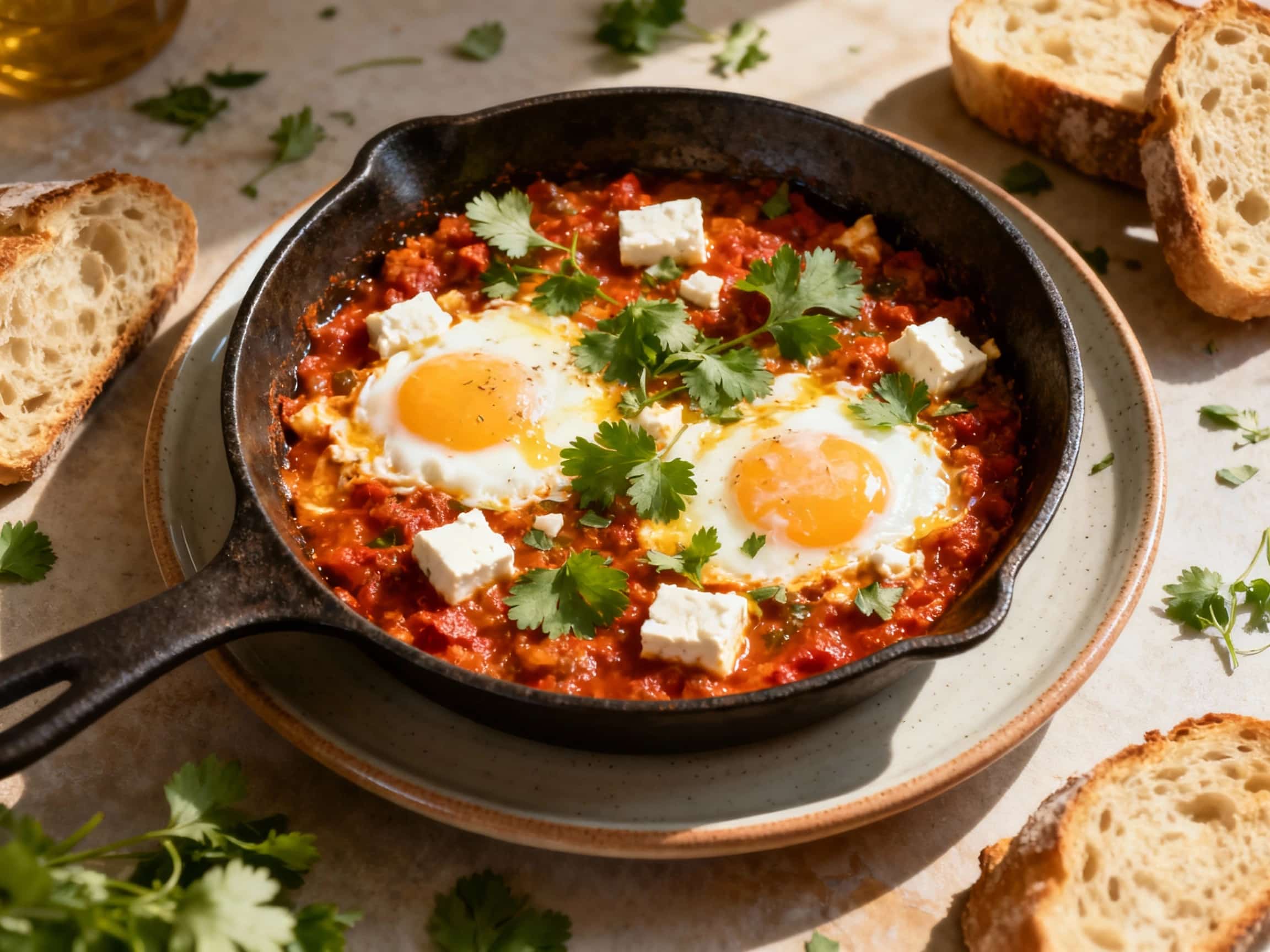 A vibrant shakshuka simmers in a cast-iron skillet, with bright red tomato sauce studded with eggs, topped with crumbled white feta cheese and fresh green cilantro.