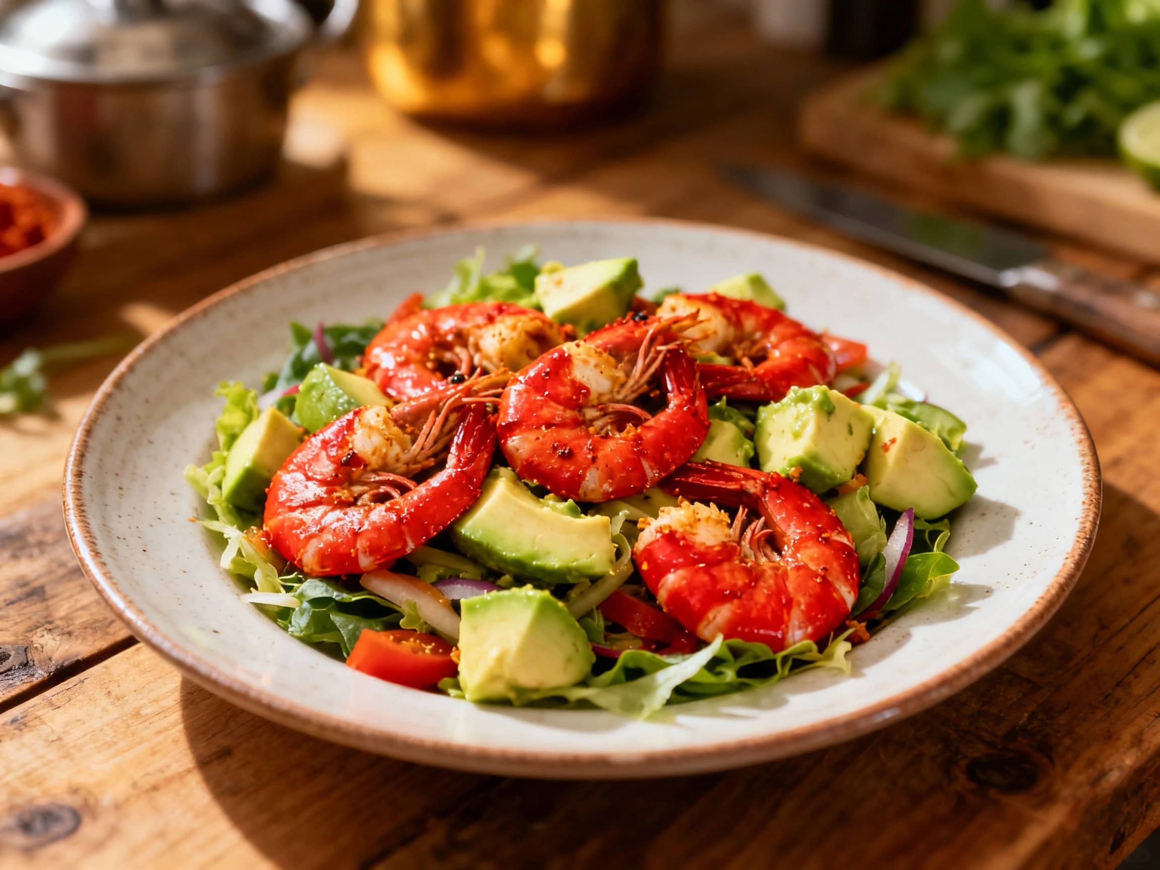 A colorful protein salad with plump, spicy shrimp and creamy avocado chunks artfully arranged in a shallow white bowl, garnished with fresh cilantro and a drizzle of dressing.