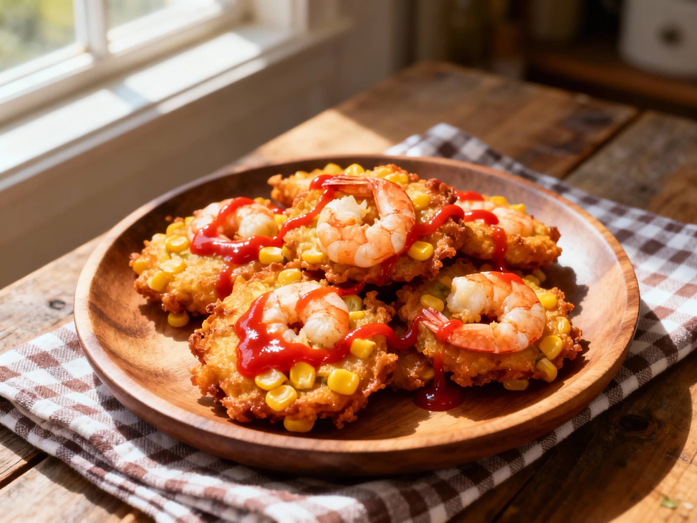 Golden-brown, crispy fritters brimming with corn and shrimp are arranged attractively on a white plate, drizzled with a creamy sriracha aioli and garnished with fresh herbs.