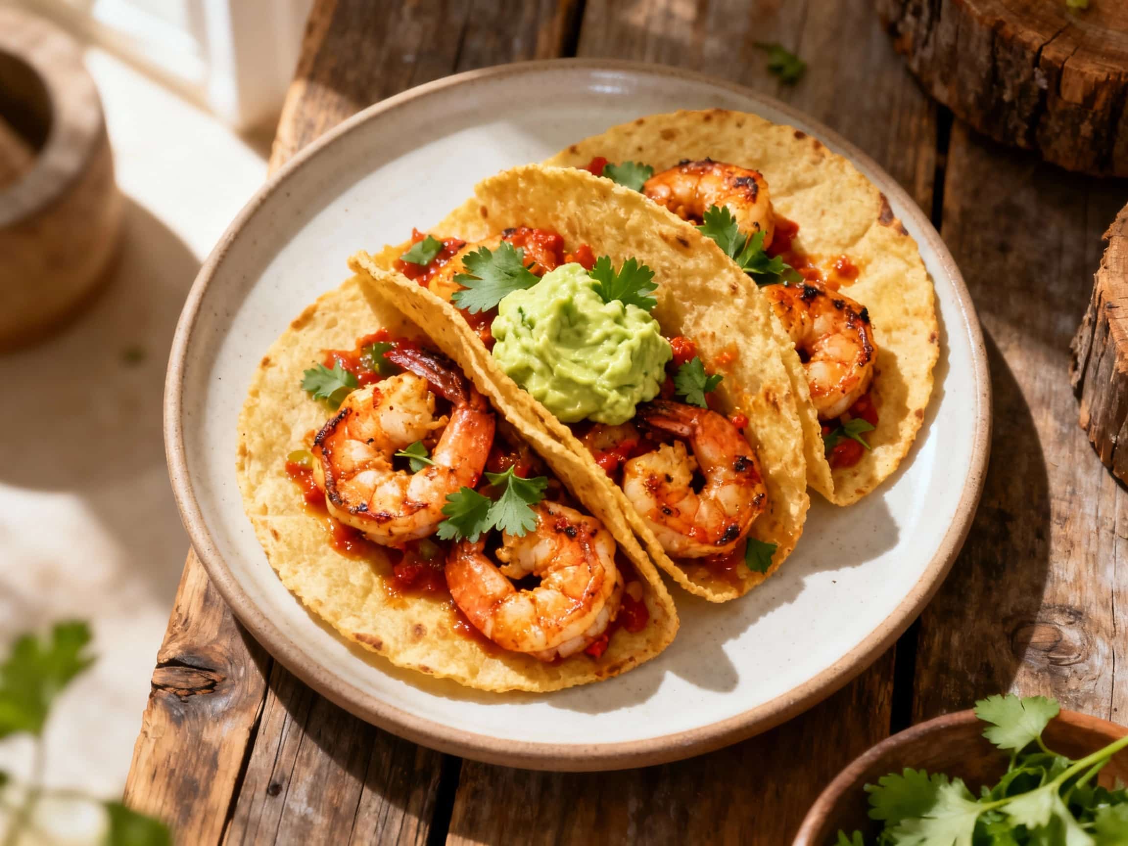 Three flavorful shrimp tacos piled high with bright pico de gallo and a drizzle of vibrant cilantro avocado crema sit on a rustic wooden board, ready to be enjoyed.