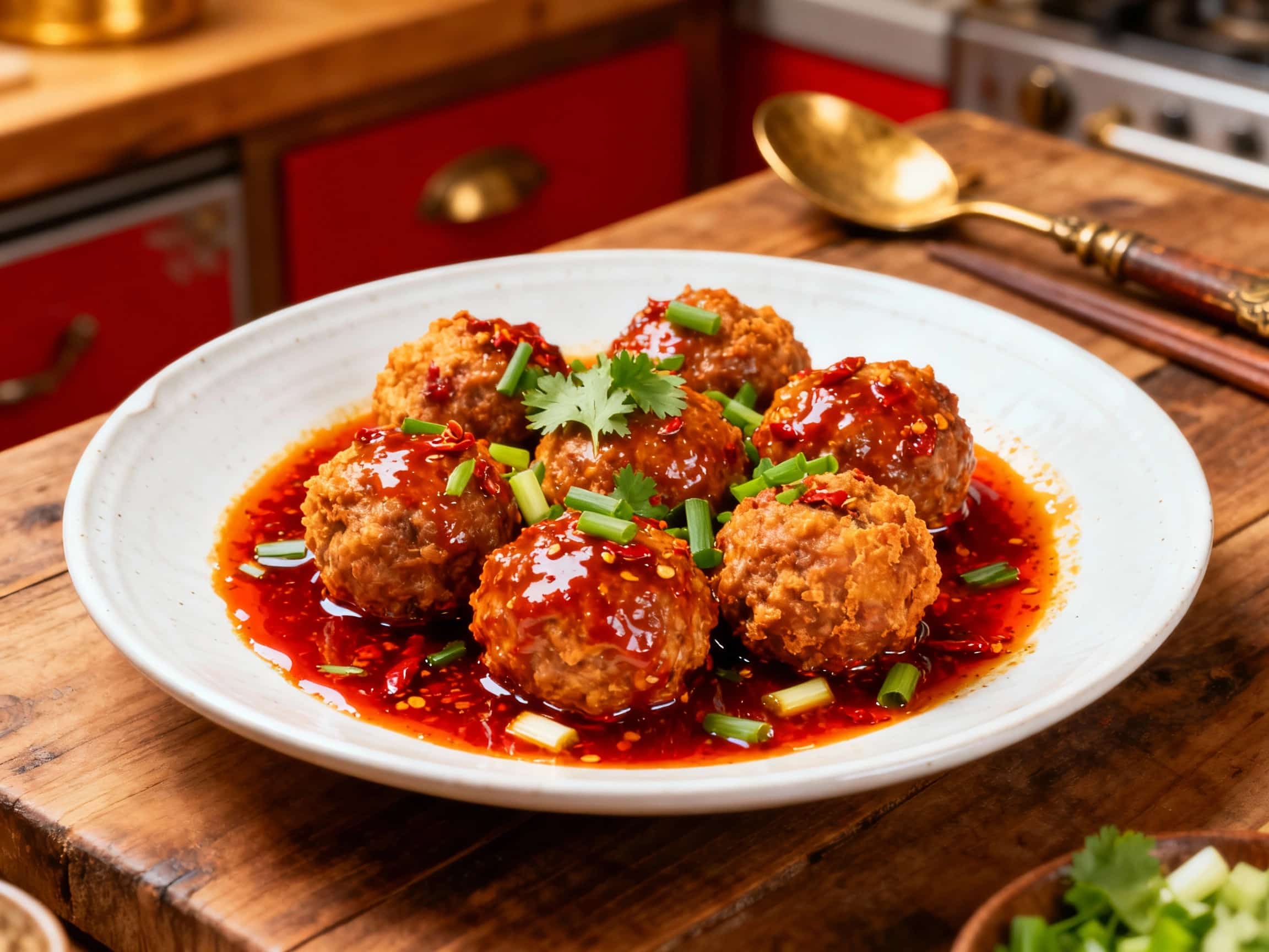 Plump, golden-brown lion's head meatballs simmer in a rich, glossy Sichuan chili oil sauce, garnished with vibrant green scallions and a sprinkle of white sesame seeds.