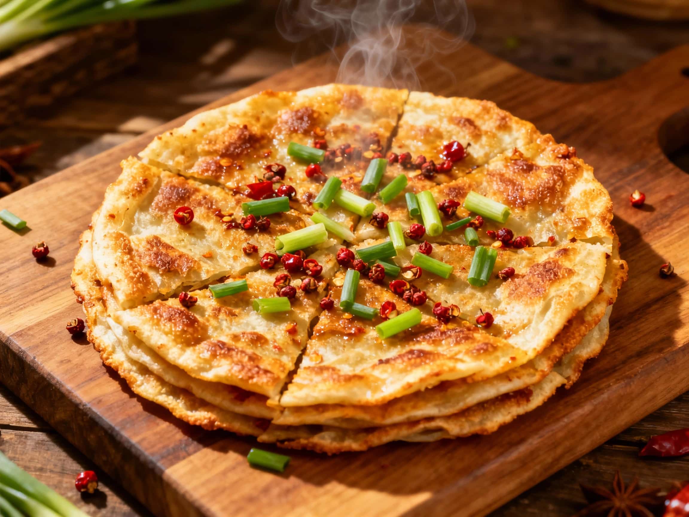 Golden-brown, crispy Sichuan scallion pancakes are artfully stacked and drizzled with a vibrant chili oil, hinting at the delicious spice within.