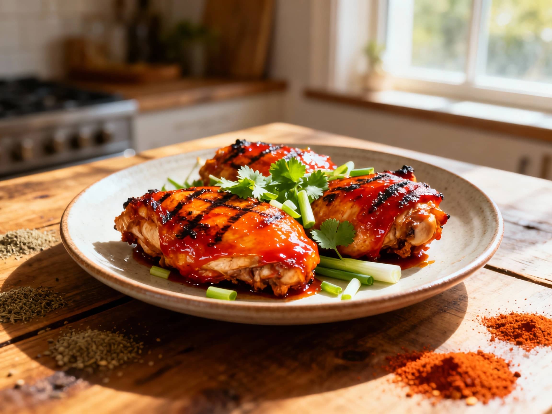 Juicy, grilled chicken thighs glisten under a spicy Sriracha glaze, with char marks hinting at their smoky flavor, ready to be sauced.