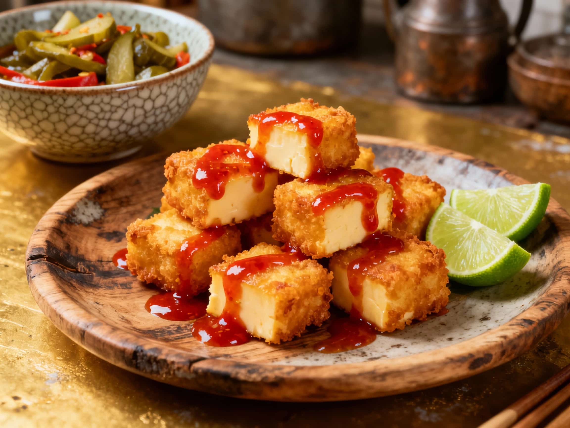 Golden-brown, crispy smažený sýr bites, dusted with chili flakes and garnished with fresh cilantro and lime wedges, sit invitingly on a rustic wooden board, ready to be dipped.