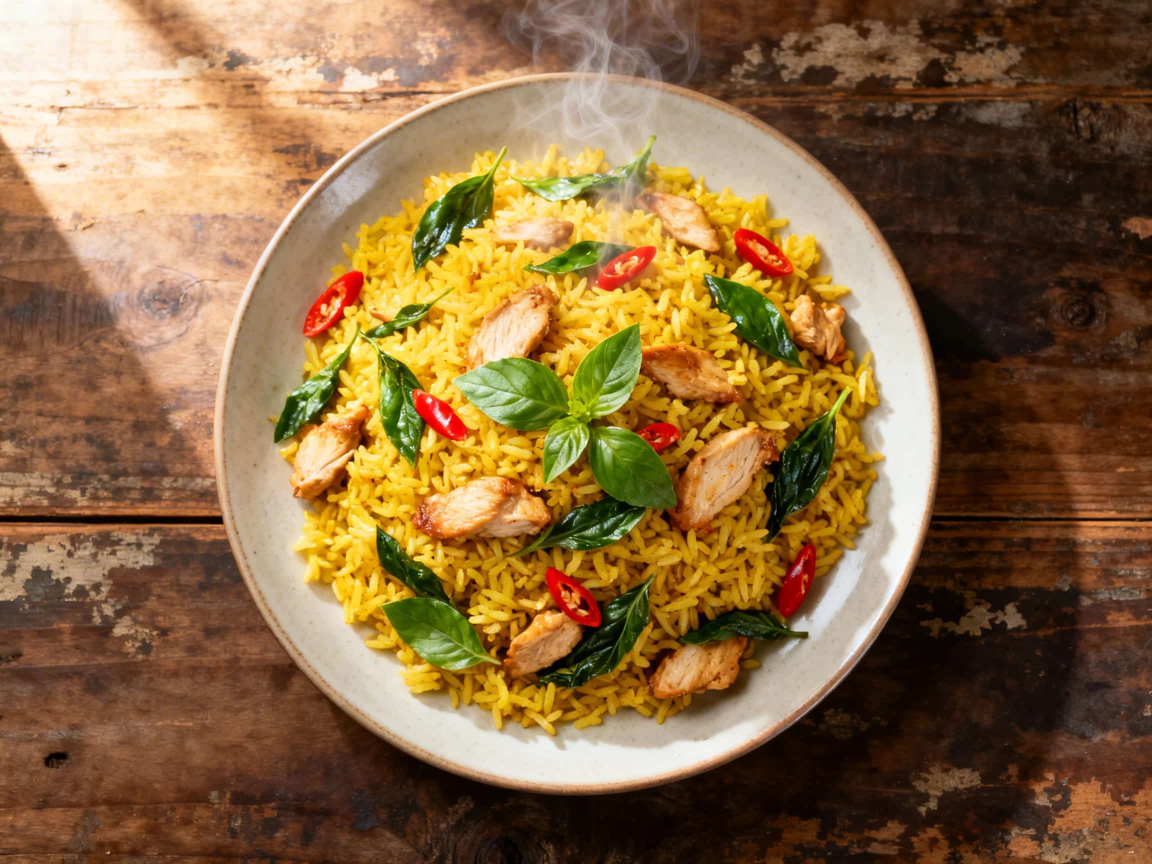A close-up of a steaming hot plate of Spicy Thai Basil Chicken Fried Rice, showcasing individual grains of rice coated in a rich, dark sauce. Diced pieces of chicken are visible throughout, along with bright green Thai basil leaves and fiery red chili slices. The dish is served on a rustic ceramic plate, hinting at its authentic origins, under warm, inviting lighting.