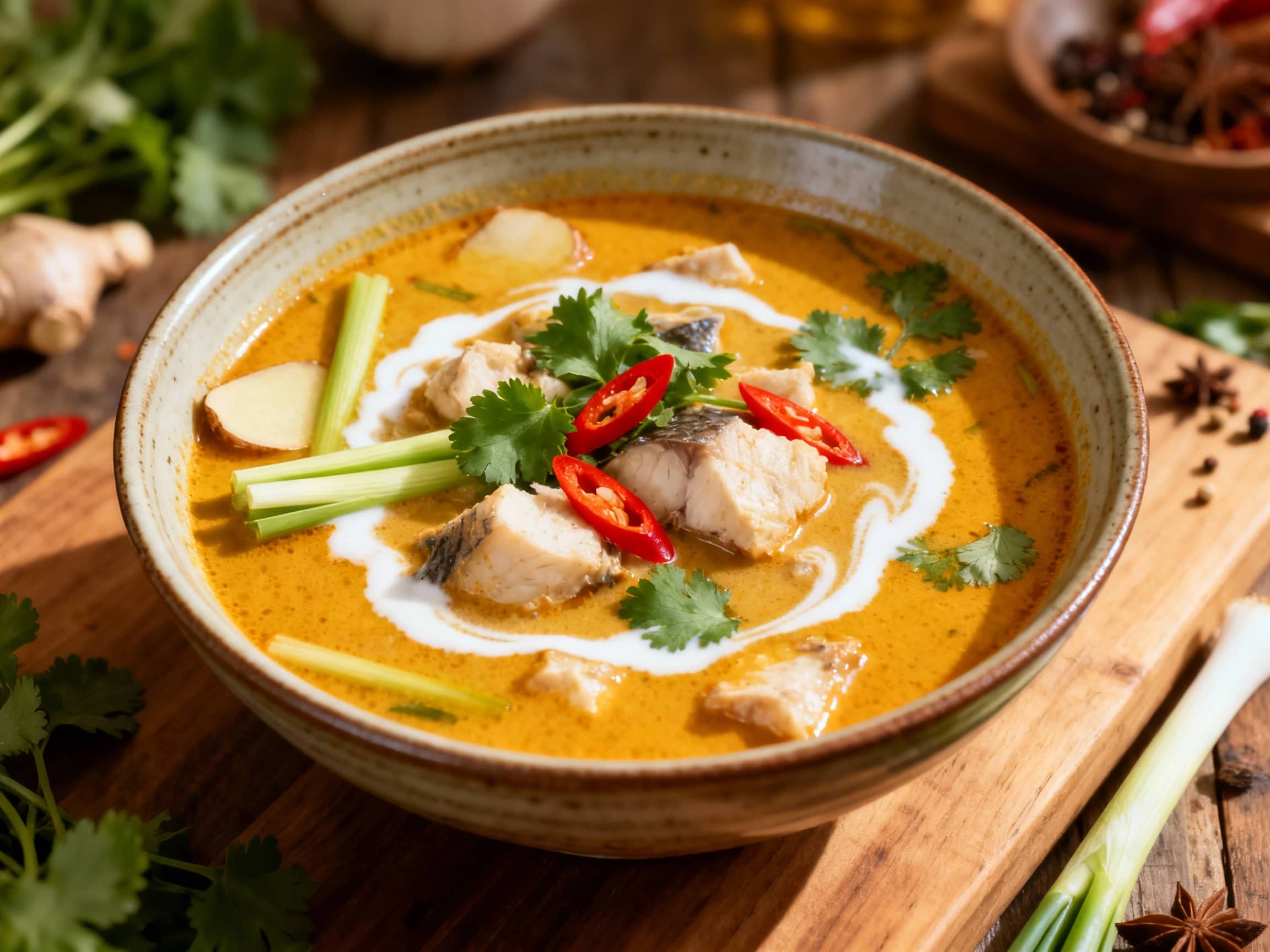 An inviting overhead view of a steaming bowl of Spicy Thai Coconut Fish Soup, brimming with tender white fish, pink shrimp, and calamari rings in a rich, creamy, light orange coconut broth. The soup is artfully garnished with fresh green cilantro, bright red chili slices, and a vibrant lime wedge, all presented in a ceramic bowl on a rustic wooden surface, exuding warmth and authentic Thai flavors