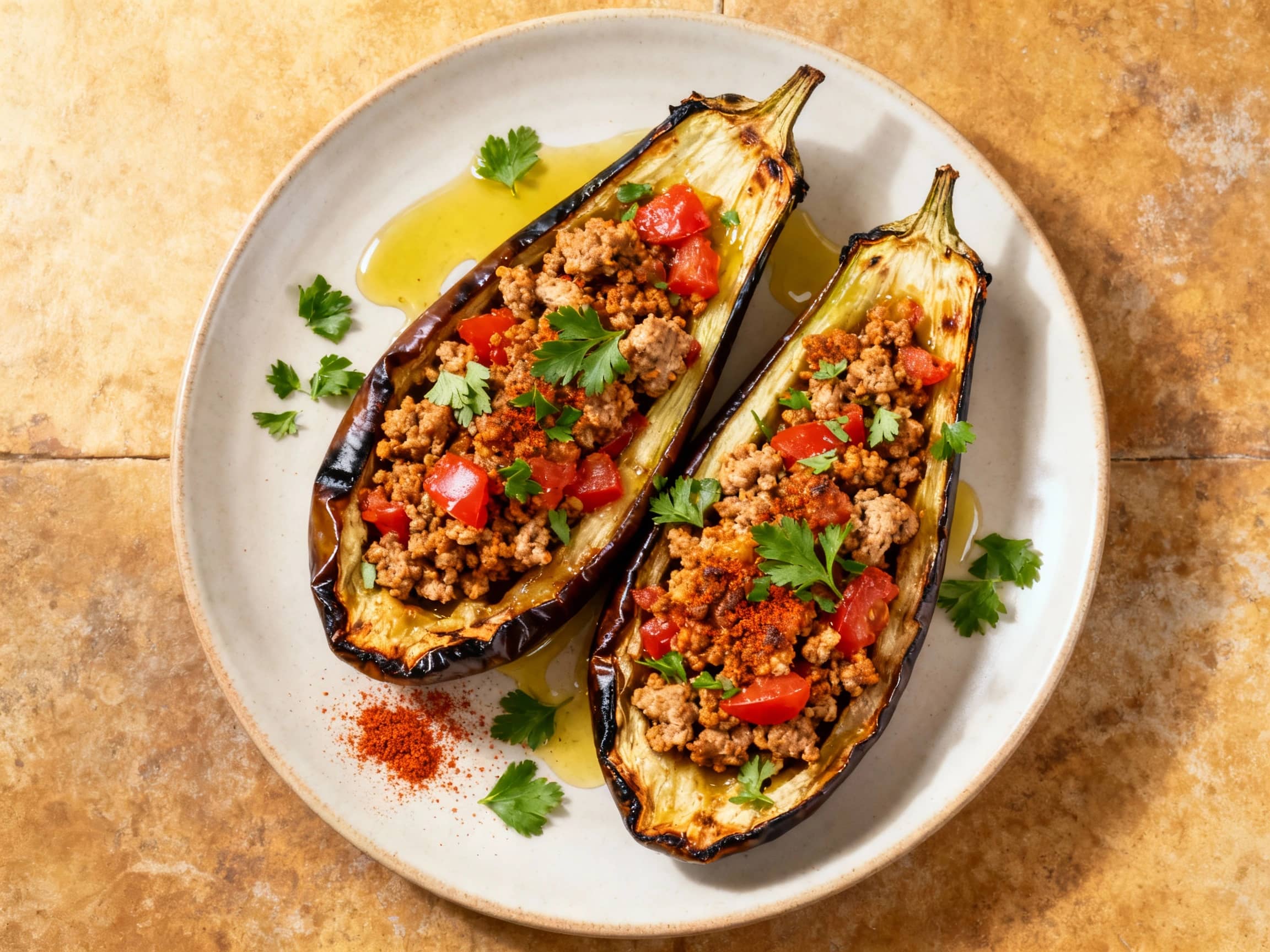Spicy ground turkey meat is generously mounded into tender, roasted eggplant halves, topped with melted cheese and fresh parsley, creating a hearty and visually appealing entree.