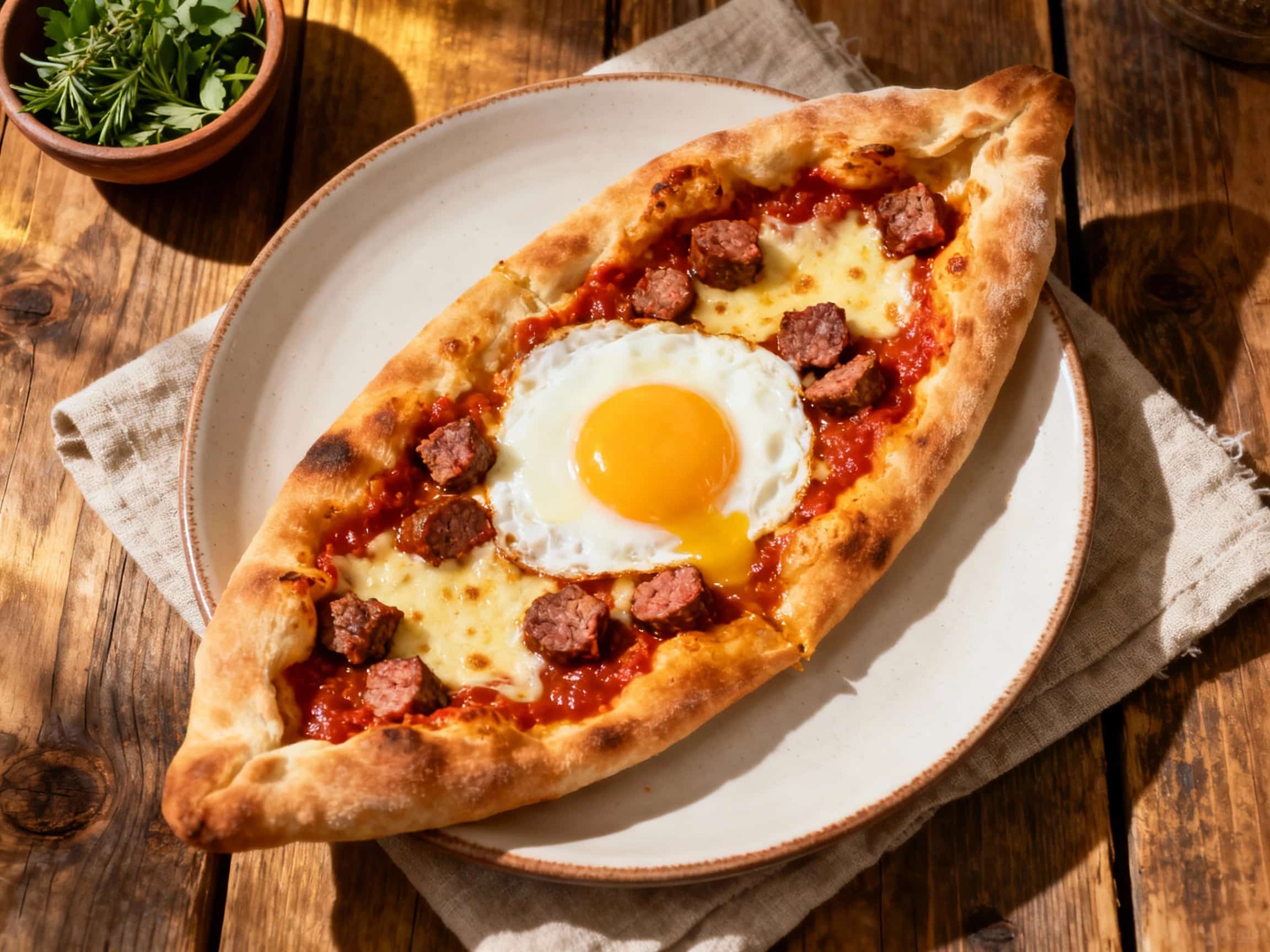 A golden-brown, boat-shaped Turkish pide topped with sliced spicy sucuk sausage, vibrant red peppers, and two perfectly cooked eggs, all glistening under warm lighting.