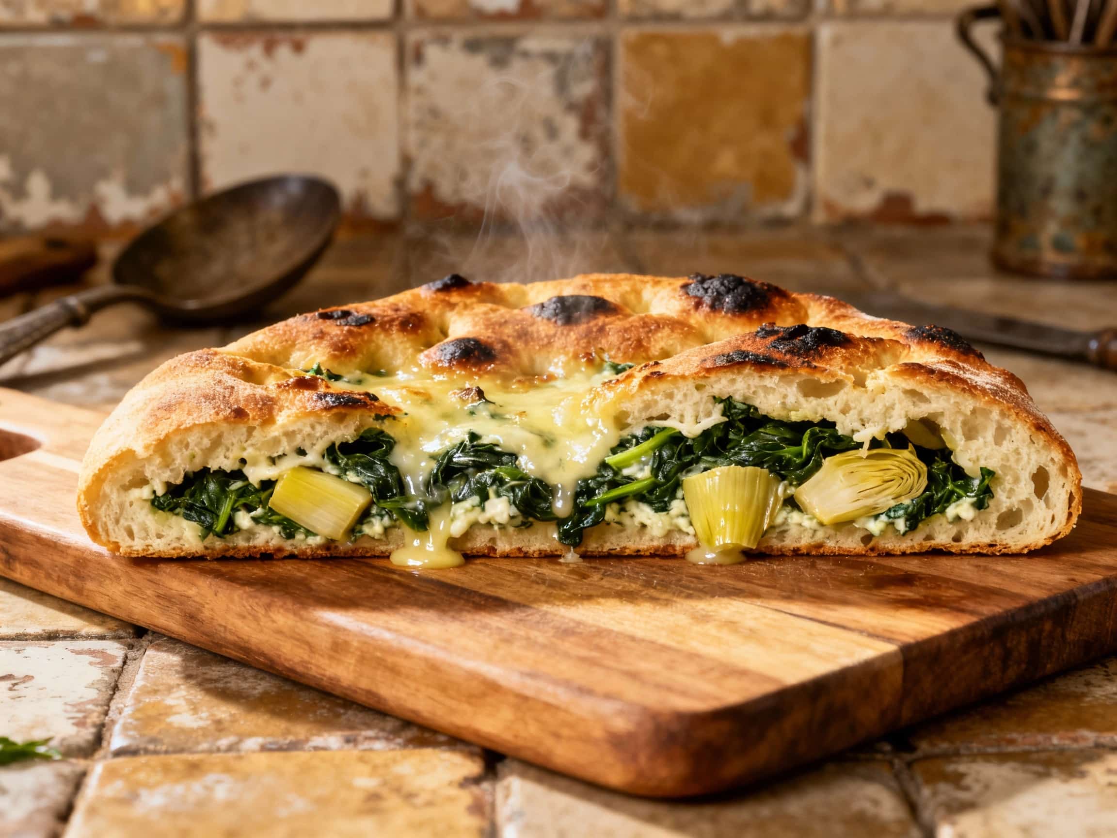 Golden-brown focaccia bread, artfully scored and generously stuffed with creamy spinach and artichoke filling, is baked to perfection and sliced for serving.