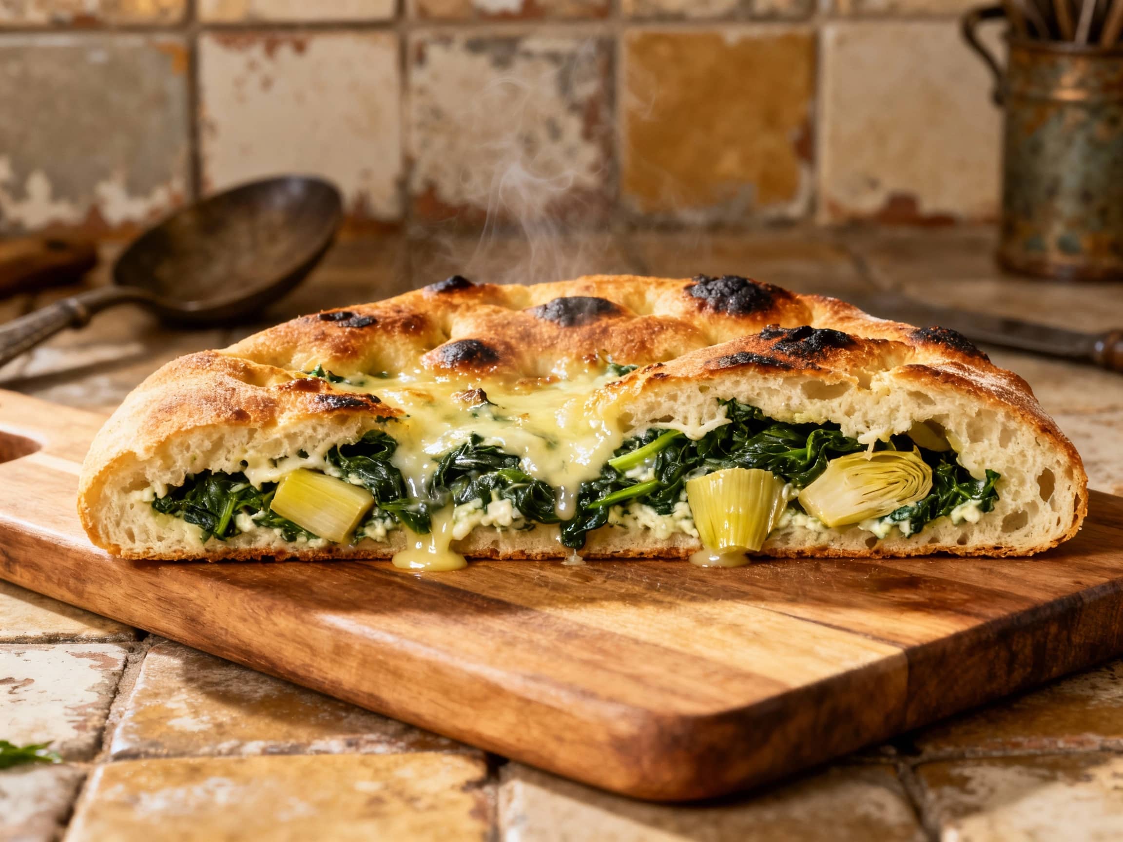 Golden-brown focaccia bread, artfully scored and generously stuffed with creamy spinach and artichoke filling, is baked to perfection and sliced for serving.