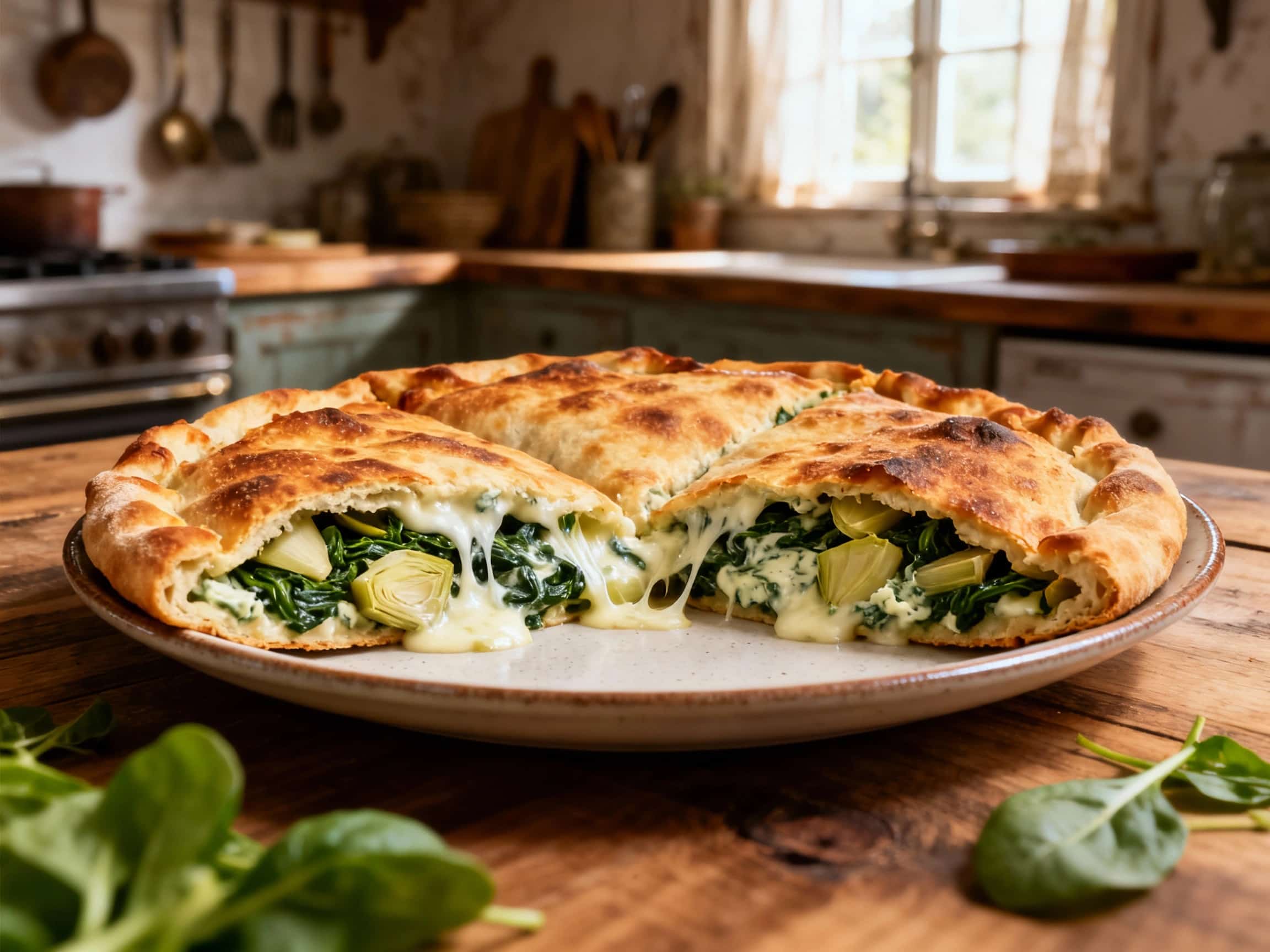 A beautifully baked, golden-brown spinach artichoke stuffed pizza calzone rests on a rustic wooden cutting board. Its crust is crisp and shows a few small slits from which steam might escape. A section of the calzone is open, revealing a rich, creamy filling of green spinach, pale artichoke pieces, and melted white cheese. Adjacent to it, a small ramekin of vibrant red marinara sauce is ready for