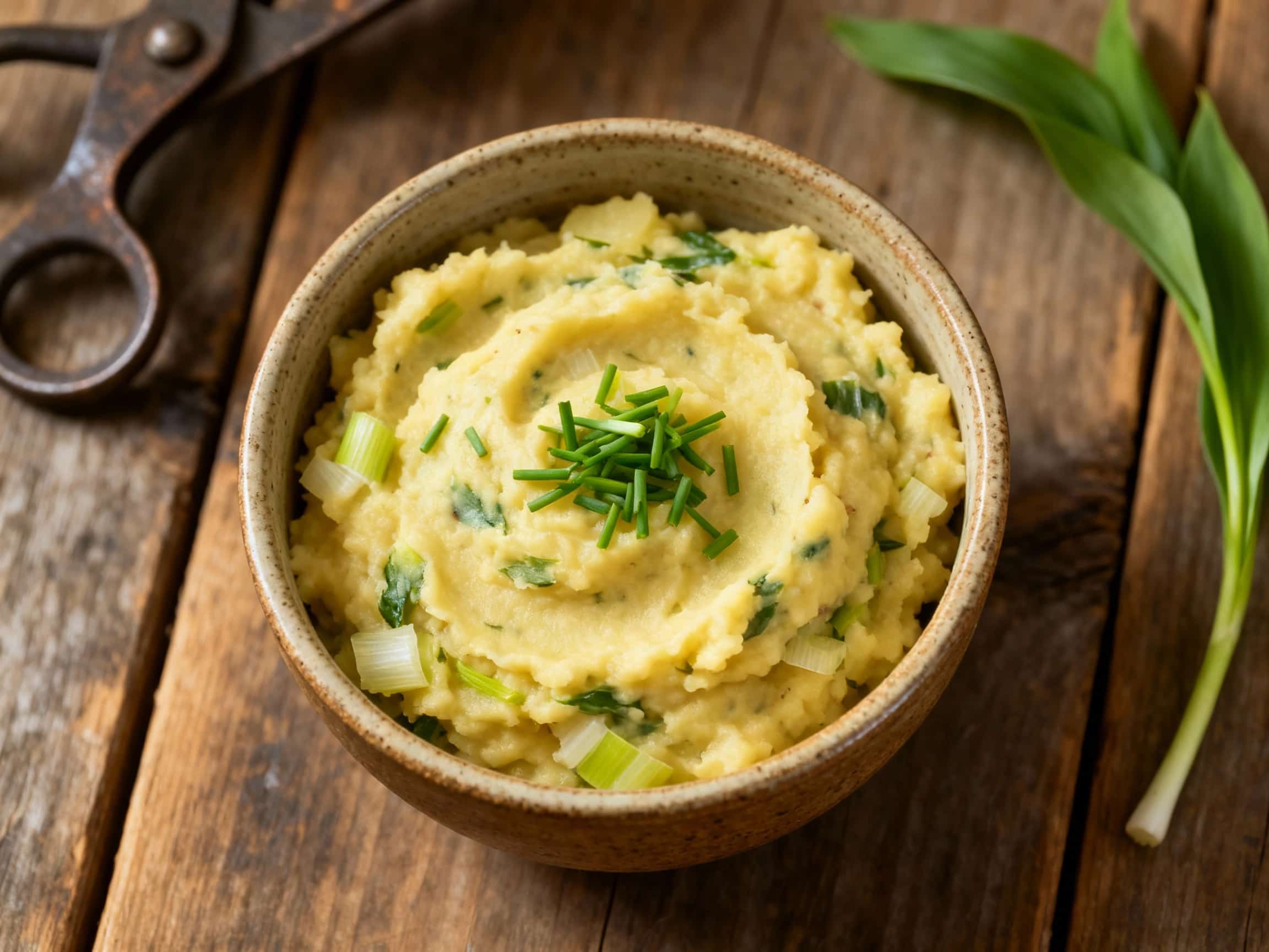 Creamy mashed potatoes infused with vibrant wild garlic and tender leeks are mounded generously on a platter, garnished with fresh green herbs and a drizzle of oil, ready to be enjoyed.
