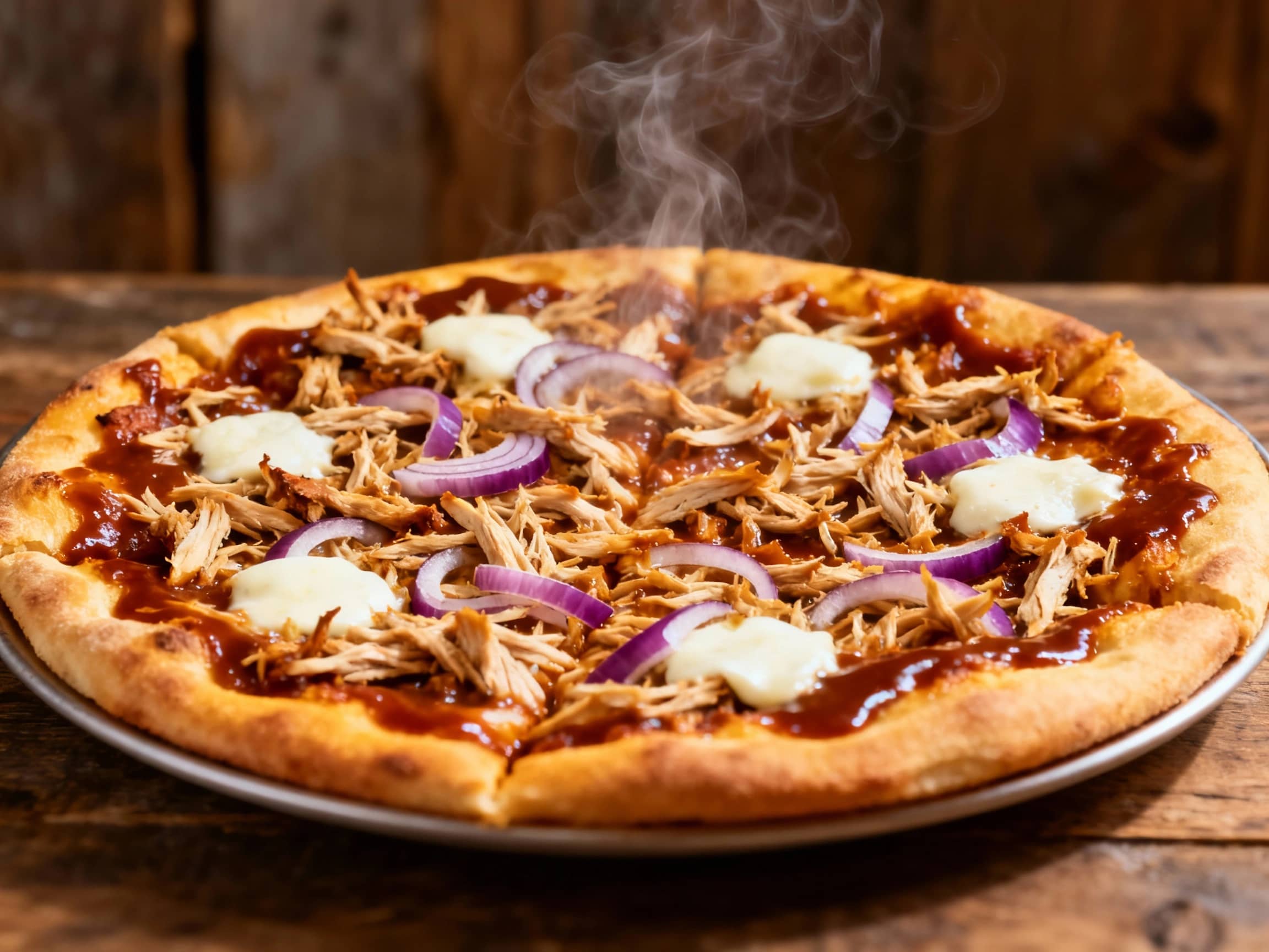 A rustic, wood-fired pizza serves up an entire grilled chicken, glazed with sticky barbecue sauce, atop a checkerboard of melted mozzarella and cheddar cheese, all nestled in a char-marked crust.