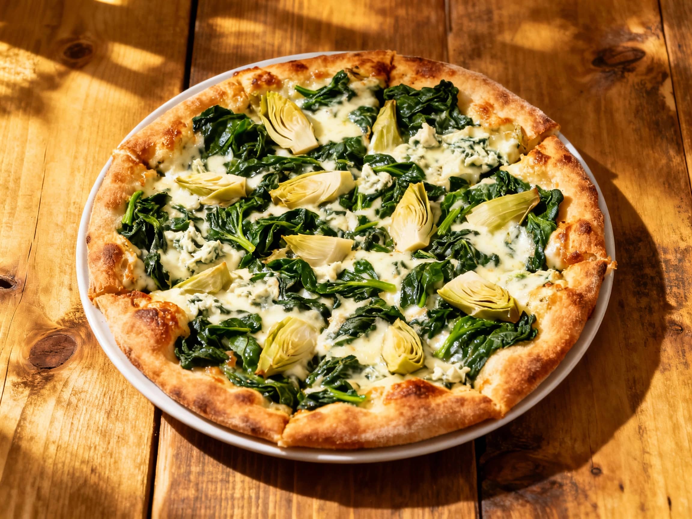 A freshly baked St. Louis style spinach and artichoke pizza, cut into signature squares, sits on a wooden pizza peel. The golden, crispy thin crust is visible around the edges, with a creamy green spinach and artichoke topping generously covered in melted, bubbly Provel cheese. Specks of browned cheese indicate its perfect readiness, inviting a delicious and comforting experience.