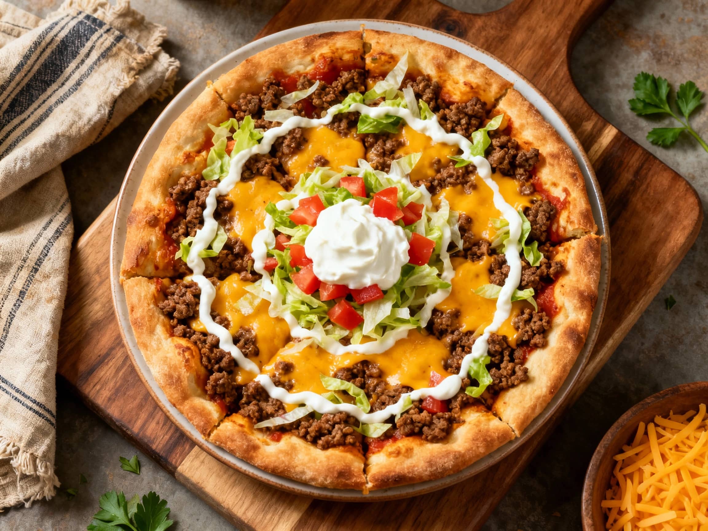A close-up view of a freshly baked St. Louis Style Taco Pizza on a wooden board, with several square slices visible. The crispy, thin crust is topped generously with savory ground beef, a rich blend of melted Provel and cheddar cheeses, vibrantly contrasting fresh shredded lettuce and diced tomatoes, and elegantly drizzled with sour cream and salsa. This inviting dish brings together the unique ch