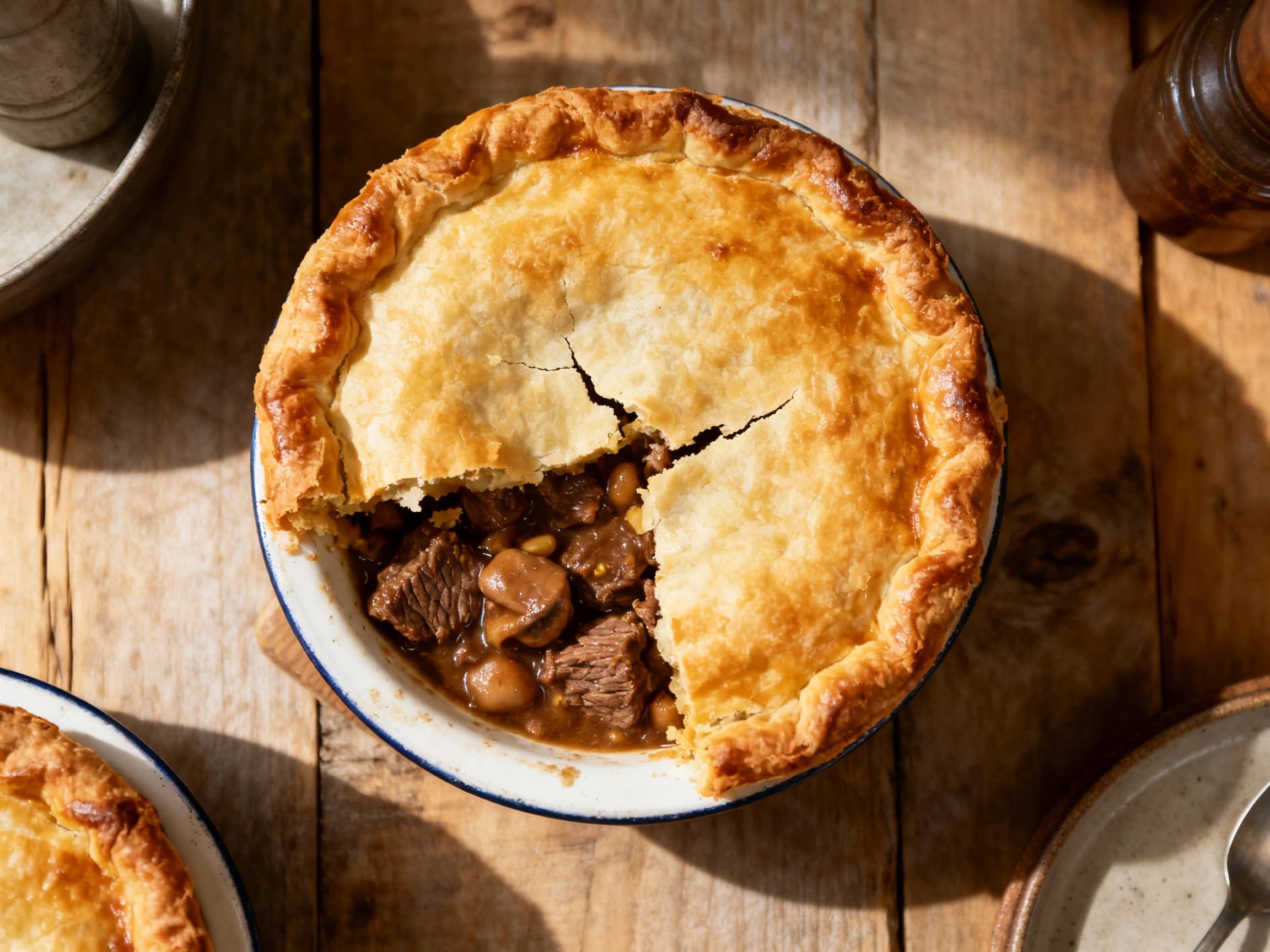 A golden, steaming steak and kidney pie sits in a rustic pie dish, its suet crust puffed and speckled with mustard, hinting at a hearty, savory filling.
