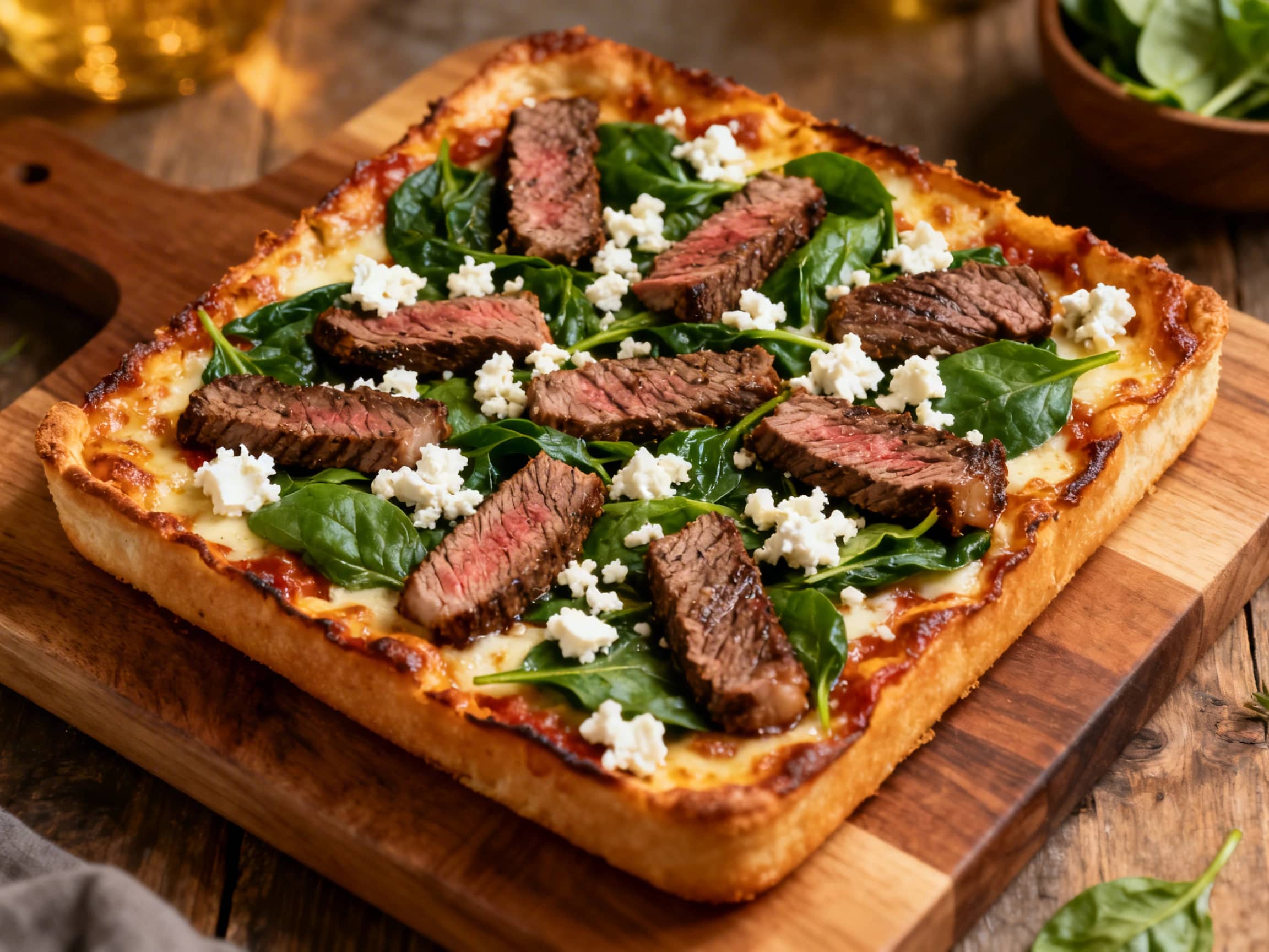 A gourmet Detroit Pan Pizza featuring a thick, golden crust with crispy, caramelized cheese edges. The pizza is generously topped with tender, thinly sliced grilled steak, crumbled white feta cheese, vibrant green wilted spinach, and delicate red onion rings. A rich, dark balsamic glaze is artfully drizzled over the entire pizza. A slice has been removed, revealing the airy interior texture of the