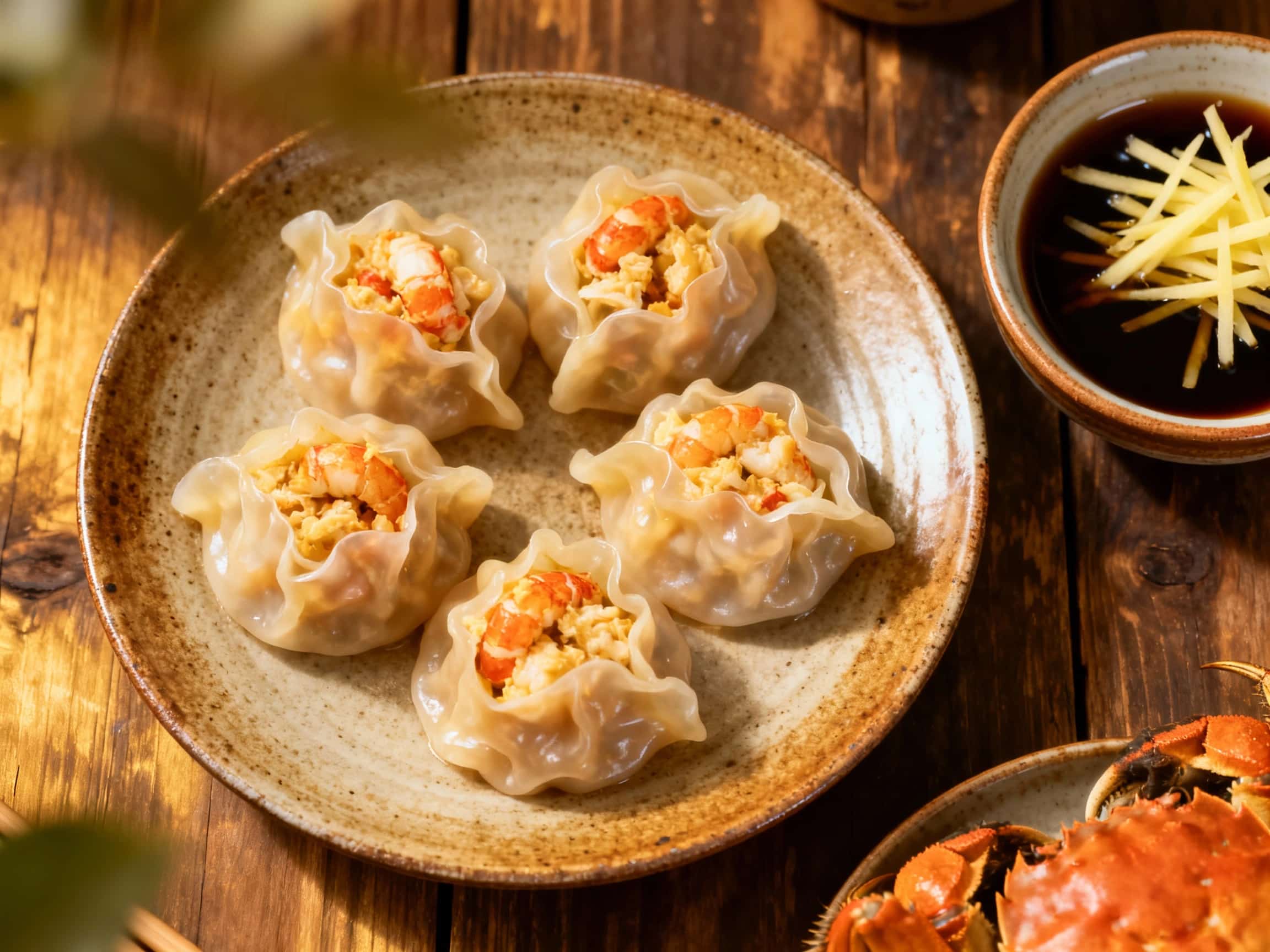 A close-up view of perfectly steamed crab dumplings presented on a white plate, showcasing their translucent wrappers and rich filling. A small bowl of ginger-soy dipping sauce, garnished with scallions and chili flakes, sits beside them, inviting an appreciation of this elegant Crab & Lobster Dish. The entire scene suggests a refined, delicious appetizer ready to be enjoyed.