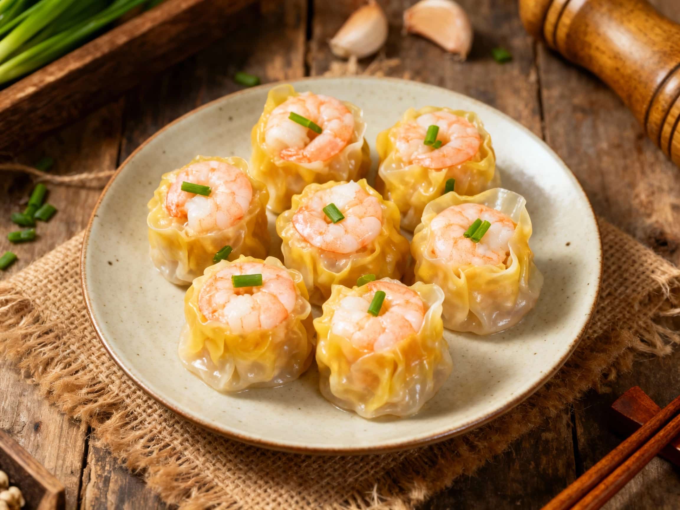 Translucent dumplings, plump with shrimp and chives, steam gently in a woven bamboo basket against a blurred, softly lit background.
