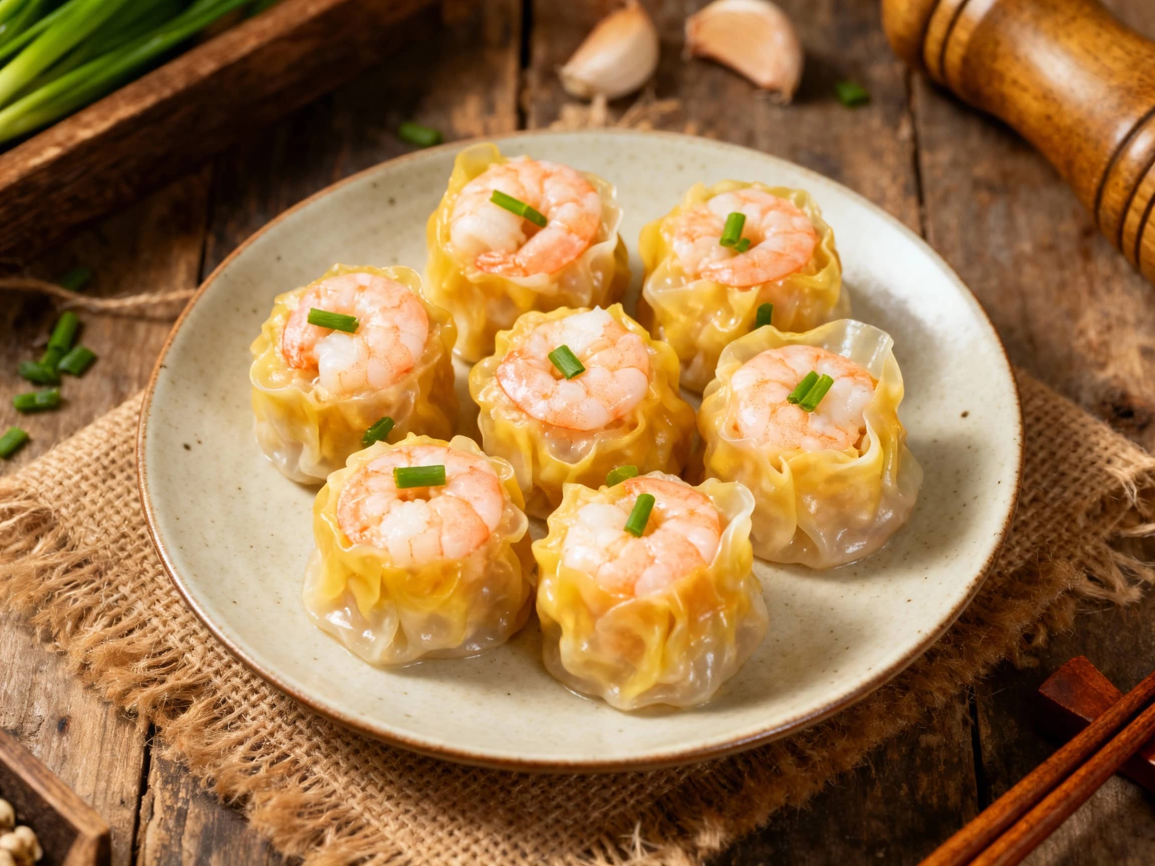 Translucent dumplings, plump with shrimp and chives, steam gently in a woven bamboo basket against a blurred, softly lit background.