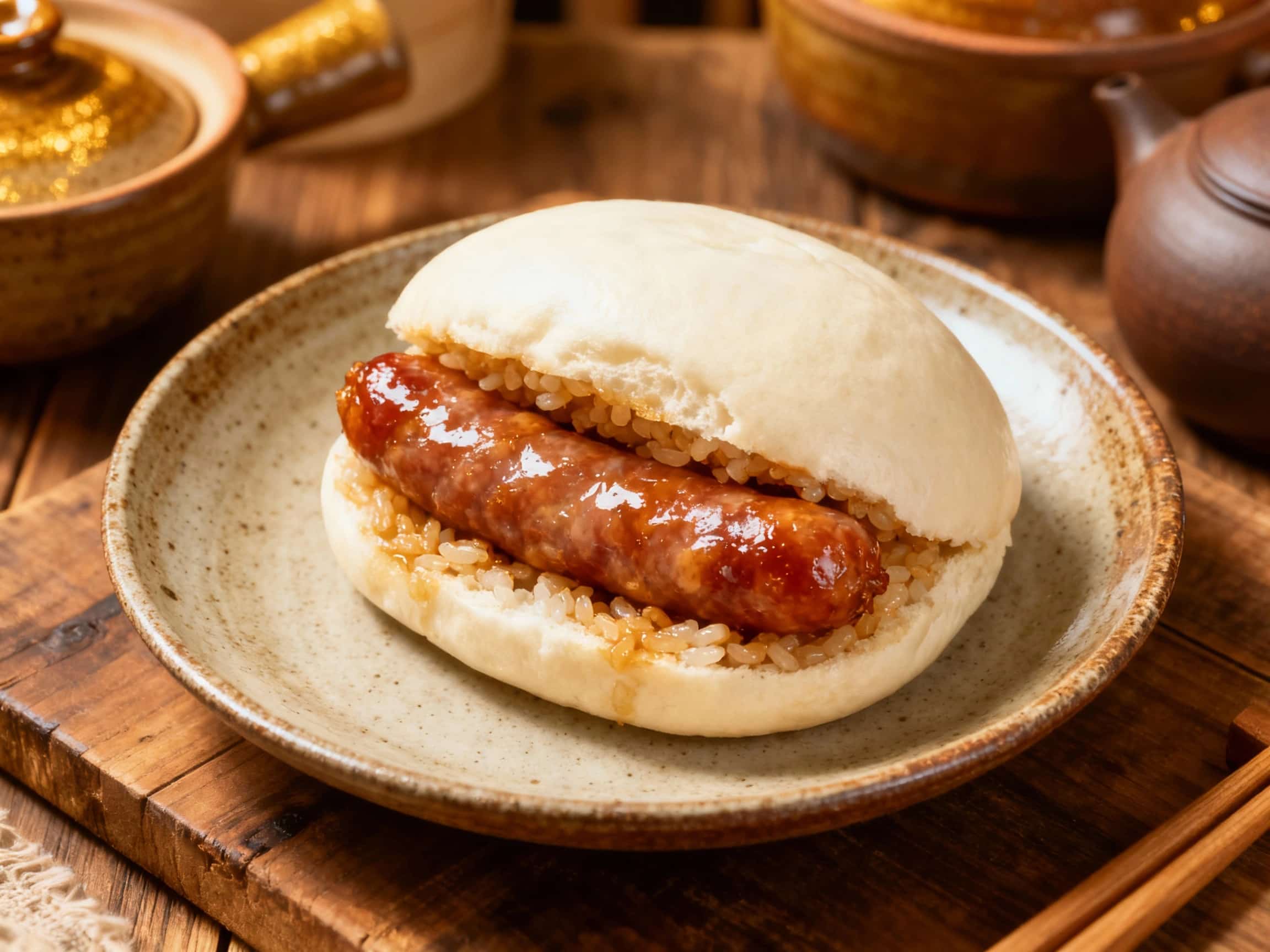 A grilled Taiwanese sausage is nestled inside a toasted sticky rice bun, brushed with a glistening glaze and garnished with fresh cilantro for a savory and slightly sweet street food delight.